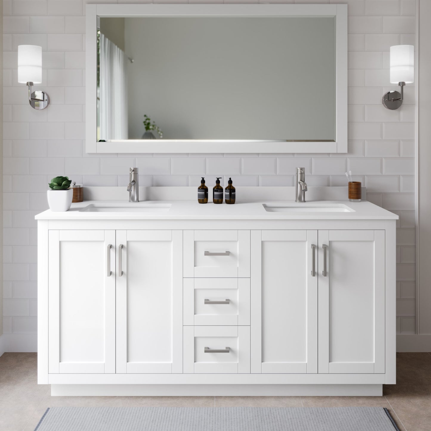 Miranda Bathroom Vanity with Countertop 66 inch Double Sink Single hole Faucet Setup