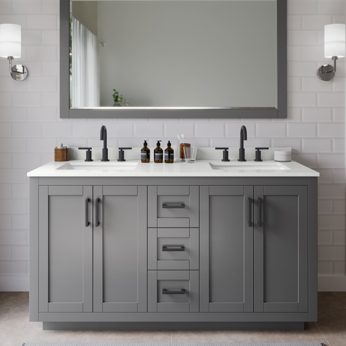 Miranda Bathroom Vanity with Countertop 60 inch Double Sink 3-hole Faucet Setup