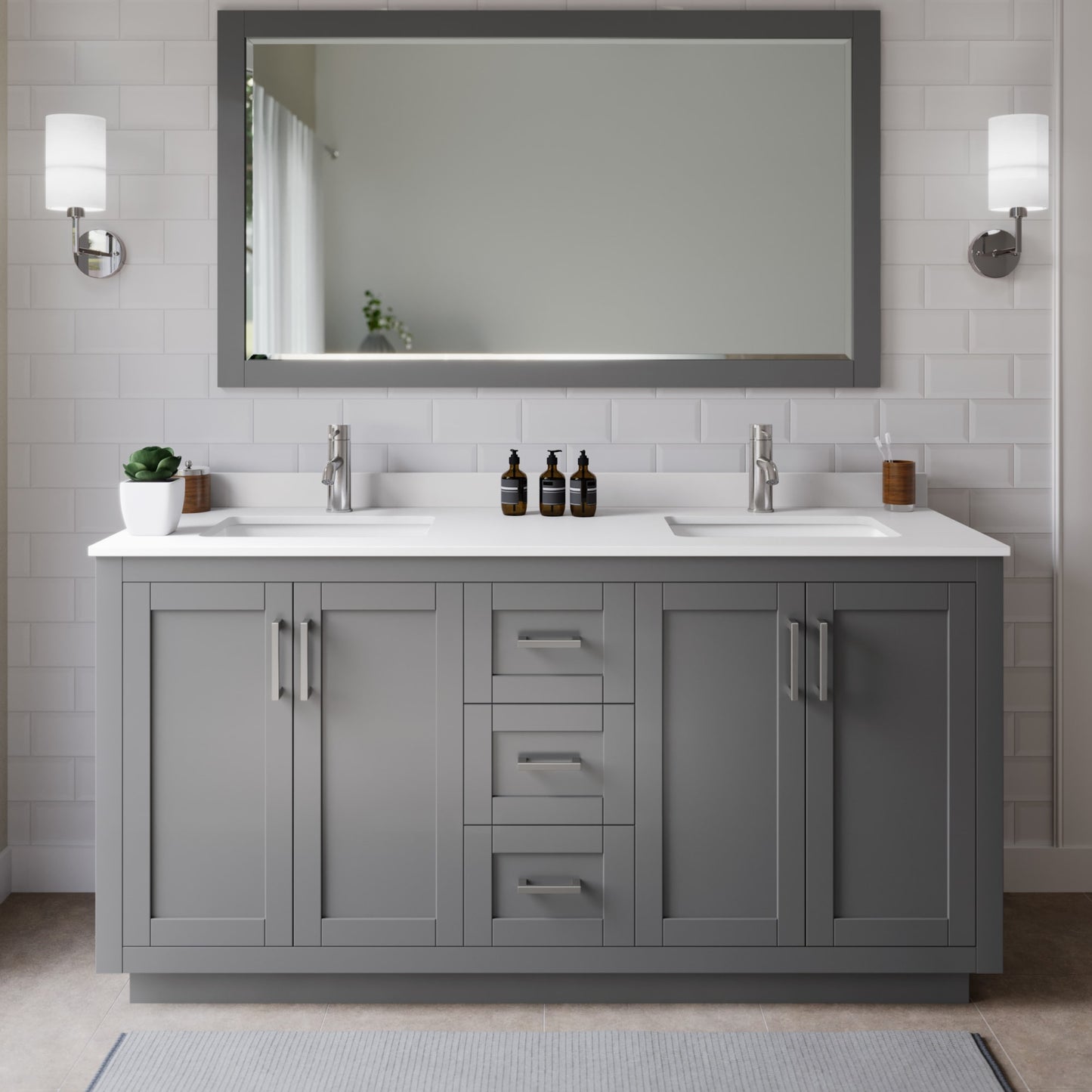 Miranda Bathroom Vanity with Countertop 66 inch Double Sink Single hole Faucet Setup