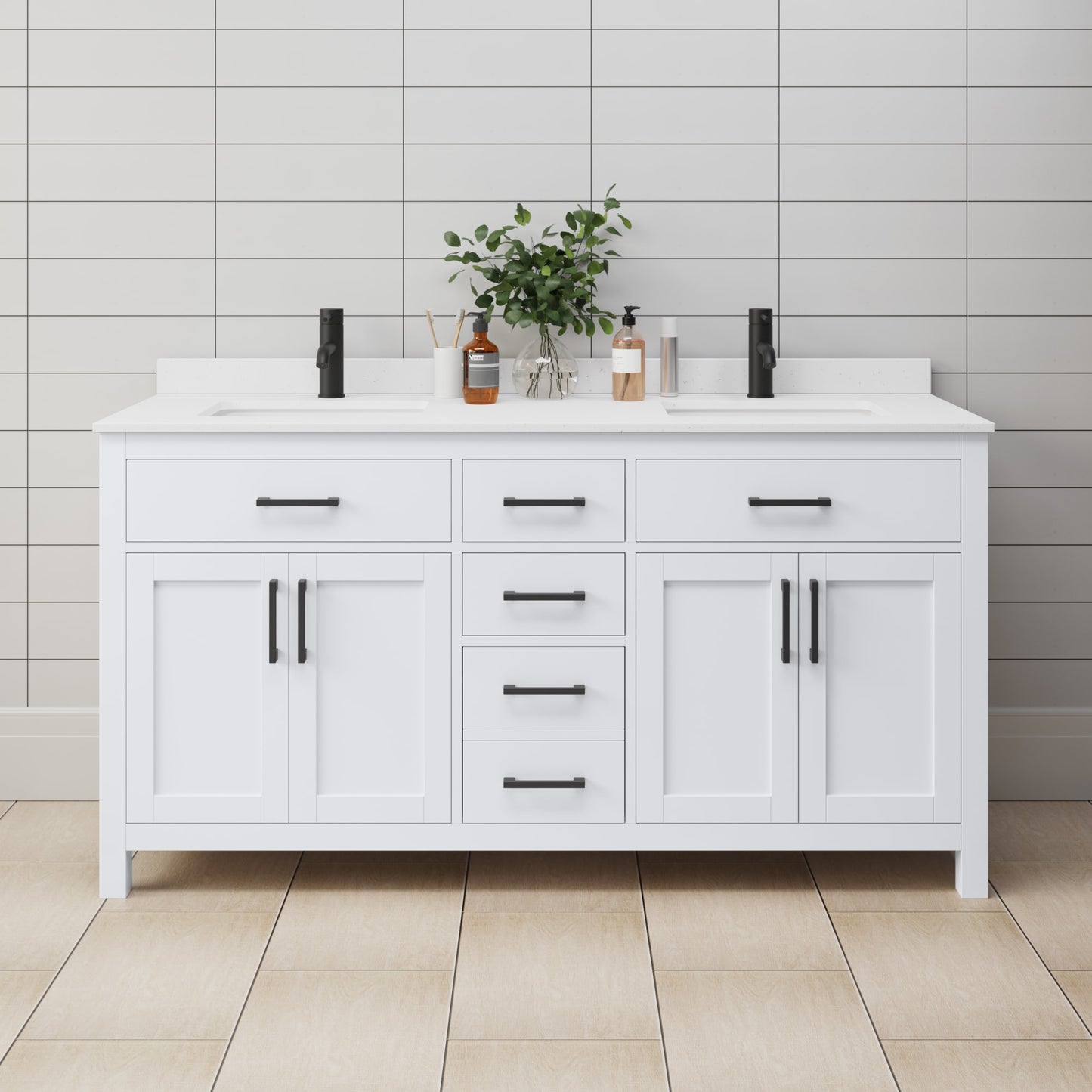 Beckett Bathroom Vanity with Countertop 66 inch Double Sink Single hole Faucet Setup