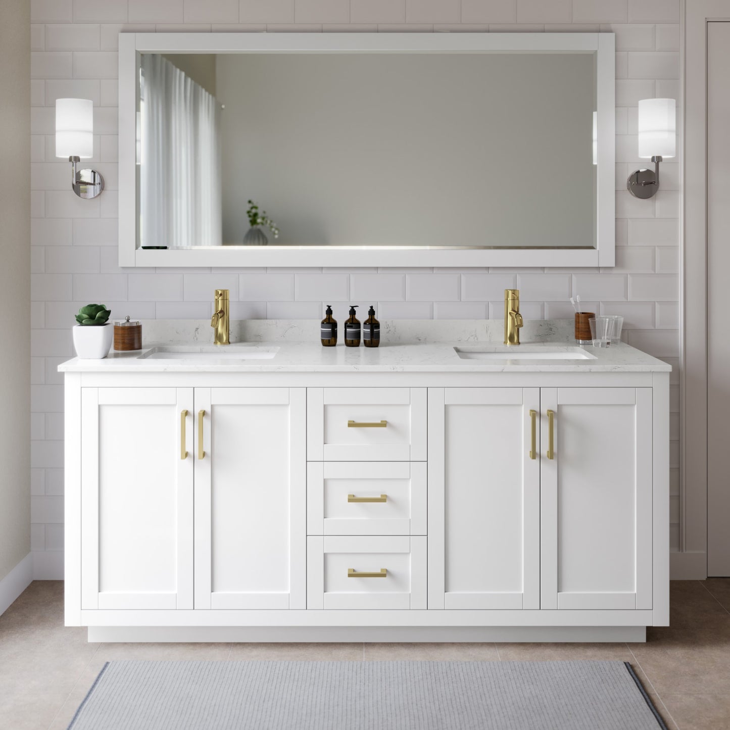 Miranda Bathroom Vanity with Countertop 72 inch Double Sink Single hole Faucet Setup