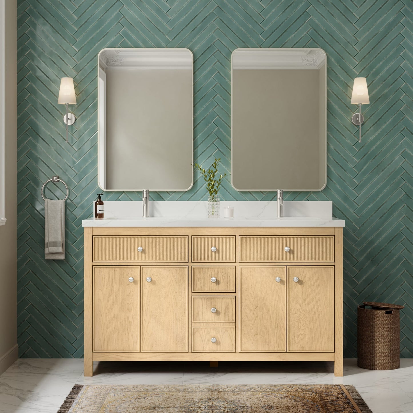 Rian Bathroom Vanity with Countertop 60 inch Double Sink Single hole Faucet Setup