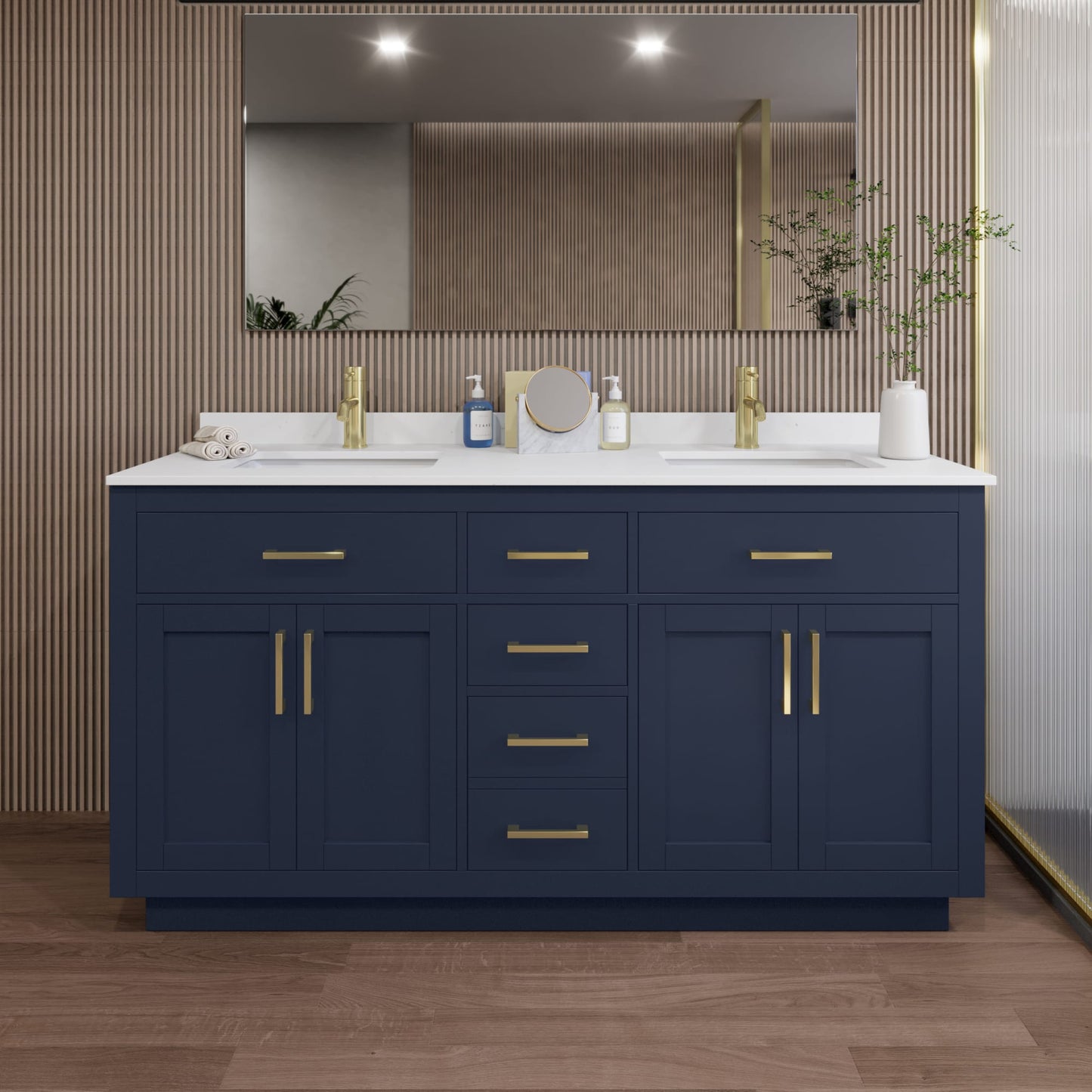 Beckett TK Bathroom Vanity with Countertop 66 inch Double Sink Single hole Faucet Setup