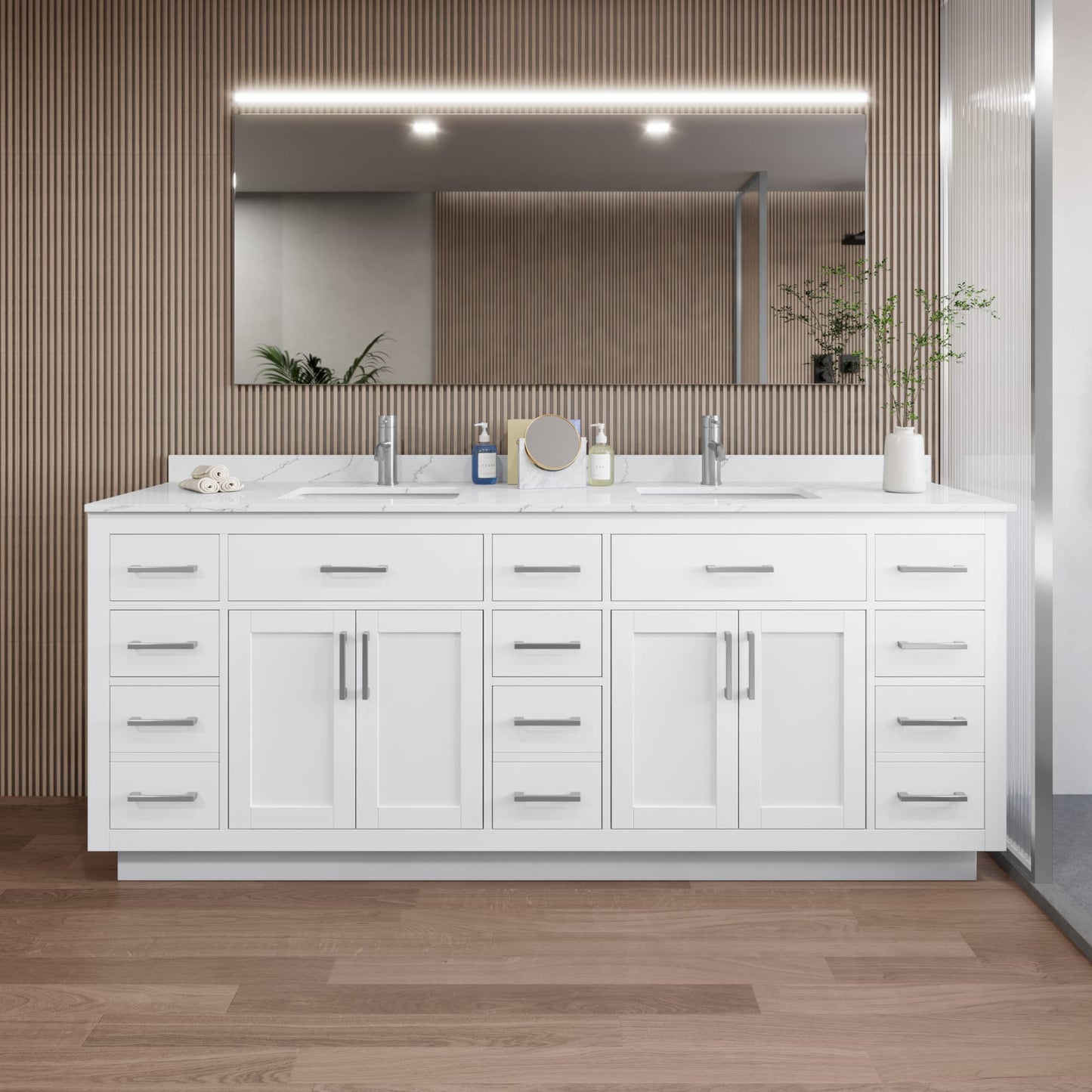Beckett TK Bathroom Vanity with Countertop 84 inch Double Sink Single hole Faucet Setup