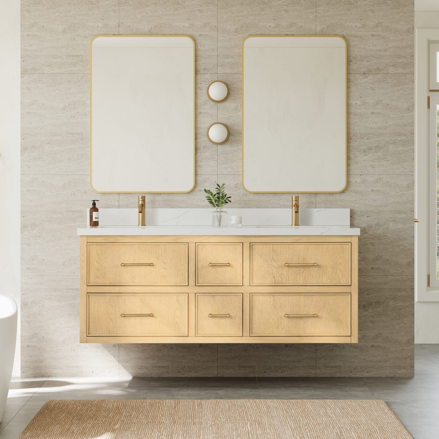 Isola WM Wall Mounted Bathroom Vanity with Countertop 60 inch Double Sink Single hole Faucet Setup