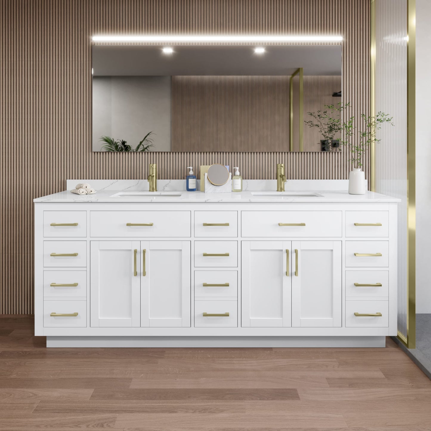 Beckett TK Bathroom Vanity with Countertop 84 inch Double Sink Single hole Faucet Setup