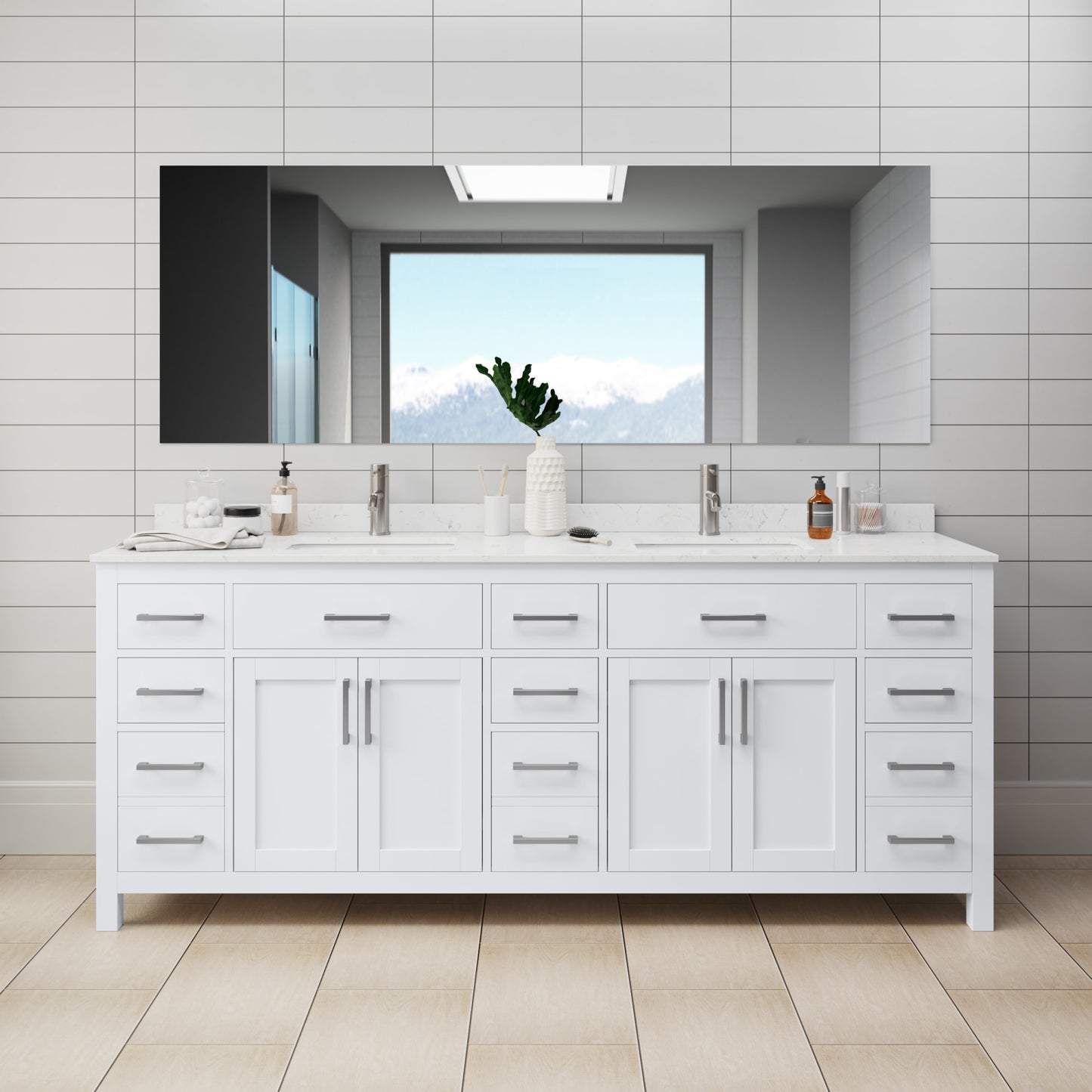 Beckett Bathroom Vanity with Countertop 84 inch Double Sink Single hole Faucet Setup