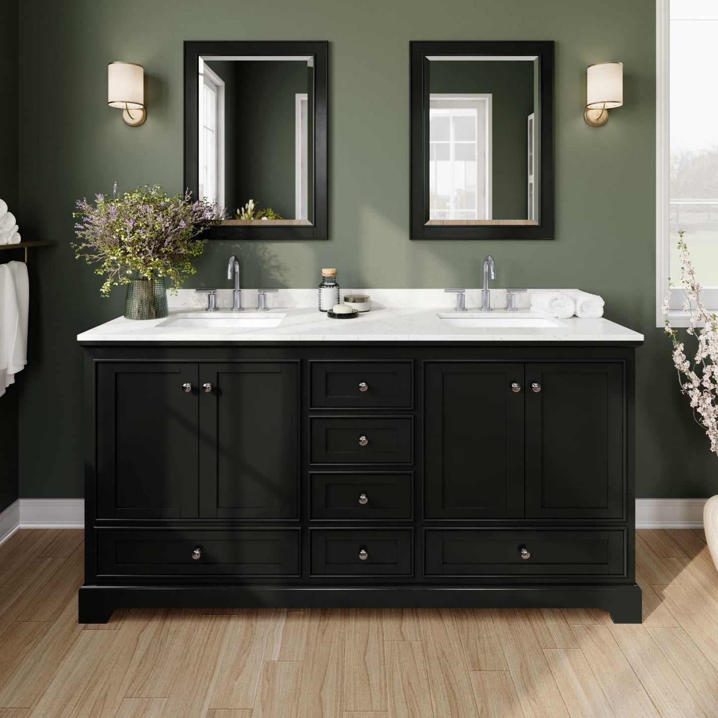 Deborah Bathroom Vanity with Countertop 72 inch Double Sink 3-hole Faucet Setup