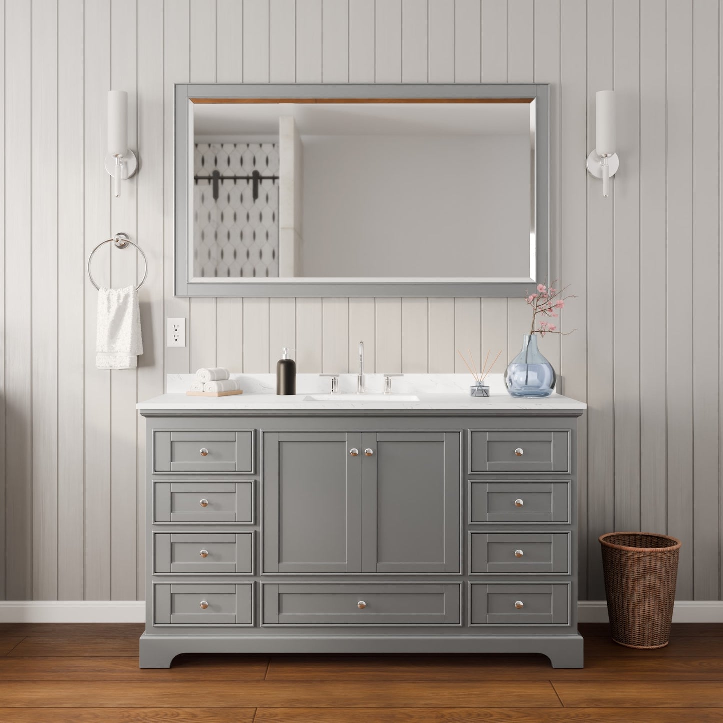 Deborah Bathroom Vanity with Countertop 60 inch Single Sink 3-hole Faucet Setup