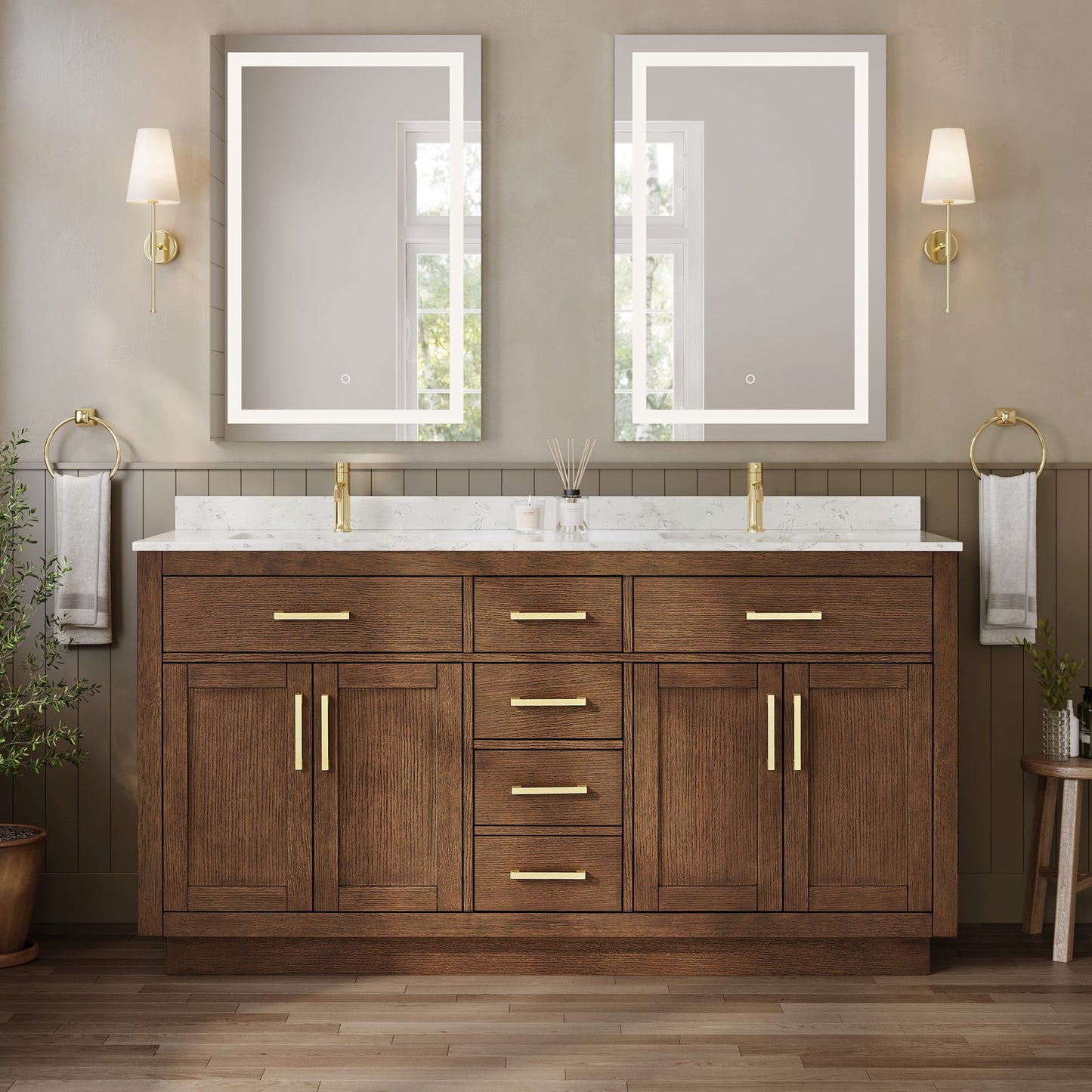 Beckett TK Bathroom Vanity with Countertop 66 inch Double Sink Single hole Faucet Setup