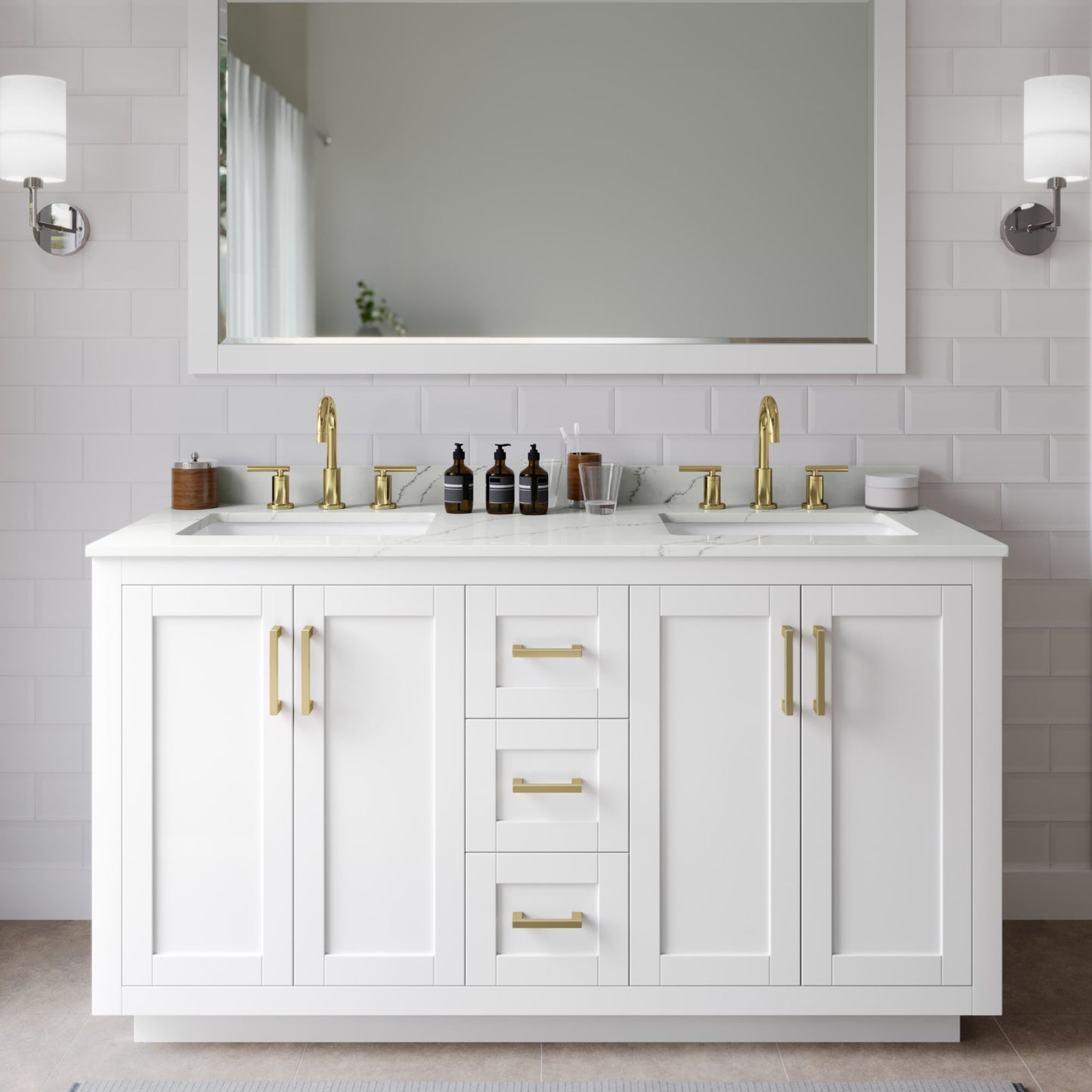 Miranda Bathroom Vanity with Countertop 60 inch Double Sink 3-hole Faucet Setup