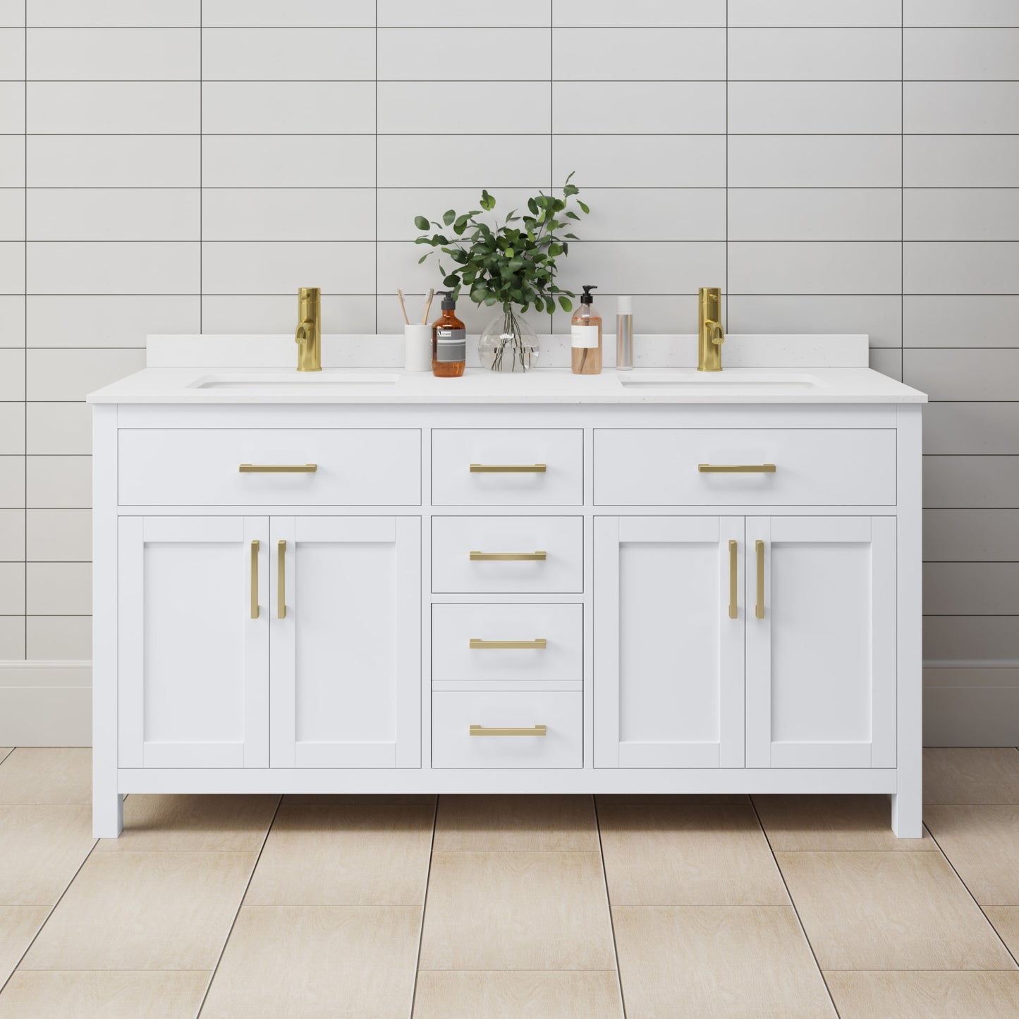 Beckett Bathroom Vanity with Countertop 66 inch Double Sink Single hole Faucet Setup