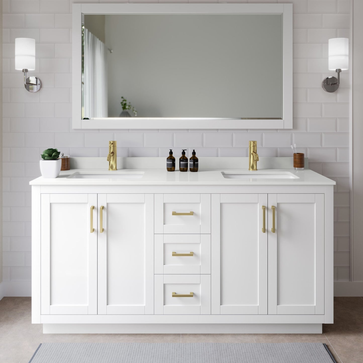 Miranda Bathroom Vanity with Countertop 66 inch Double Sink Single hole Faucet Setup