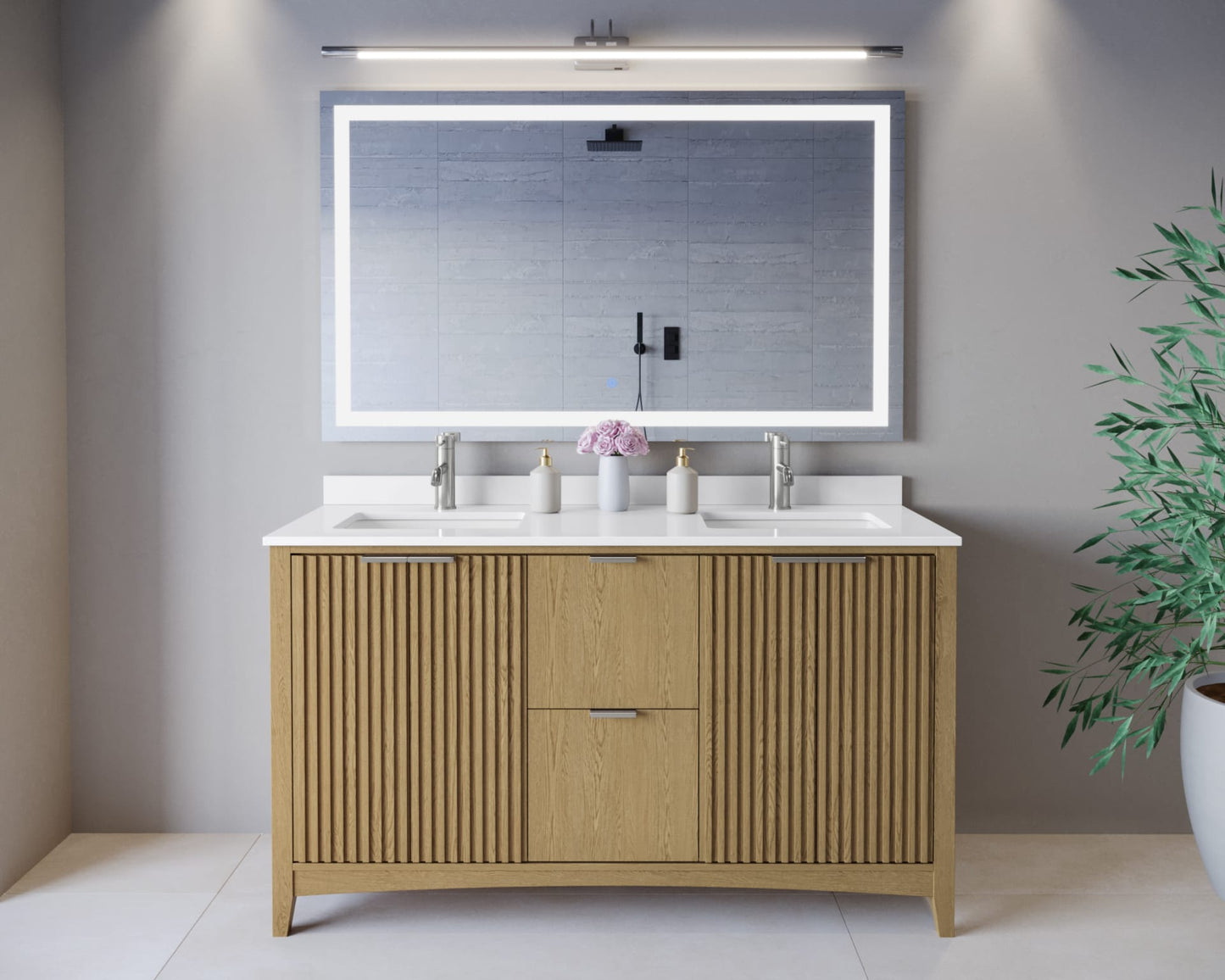 Palmilla Bathroom Vanity with Countertop 60 inch Double Sink Single hole Faucet Setup