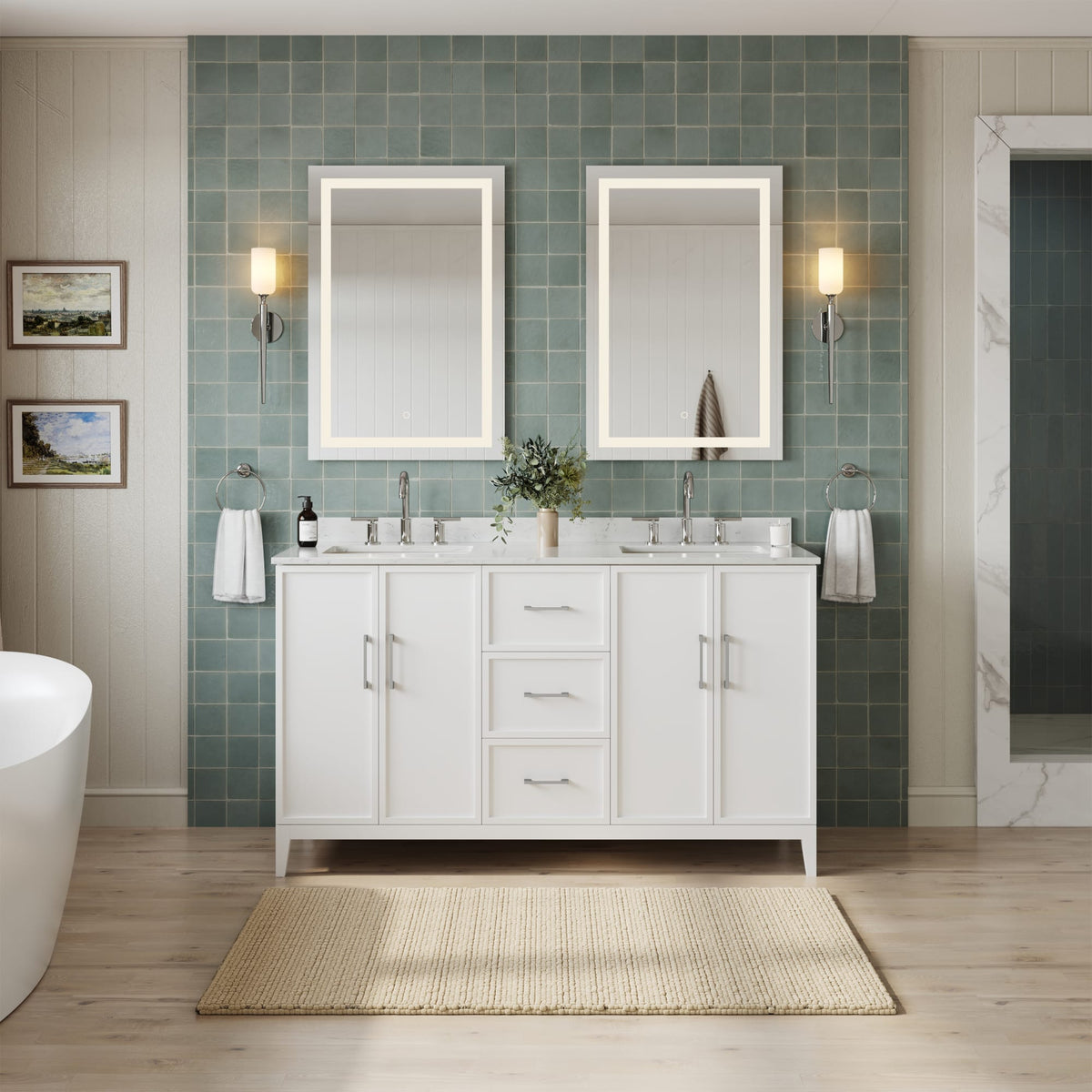 Elan Bathroom Vanity with Countertop 60 inch Double Sink 3-hole Faucet Setup
