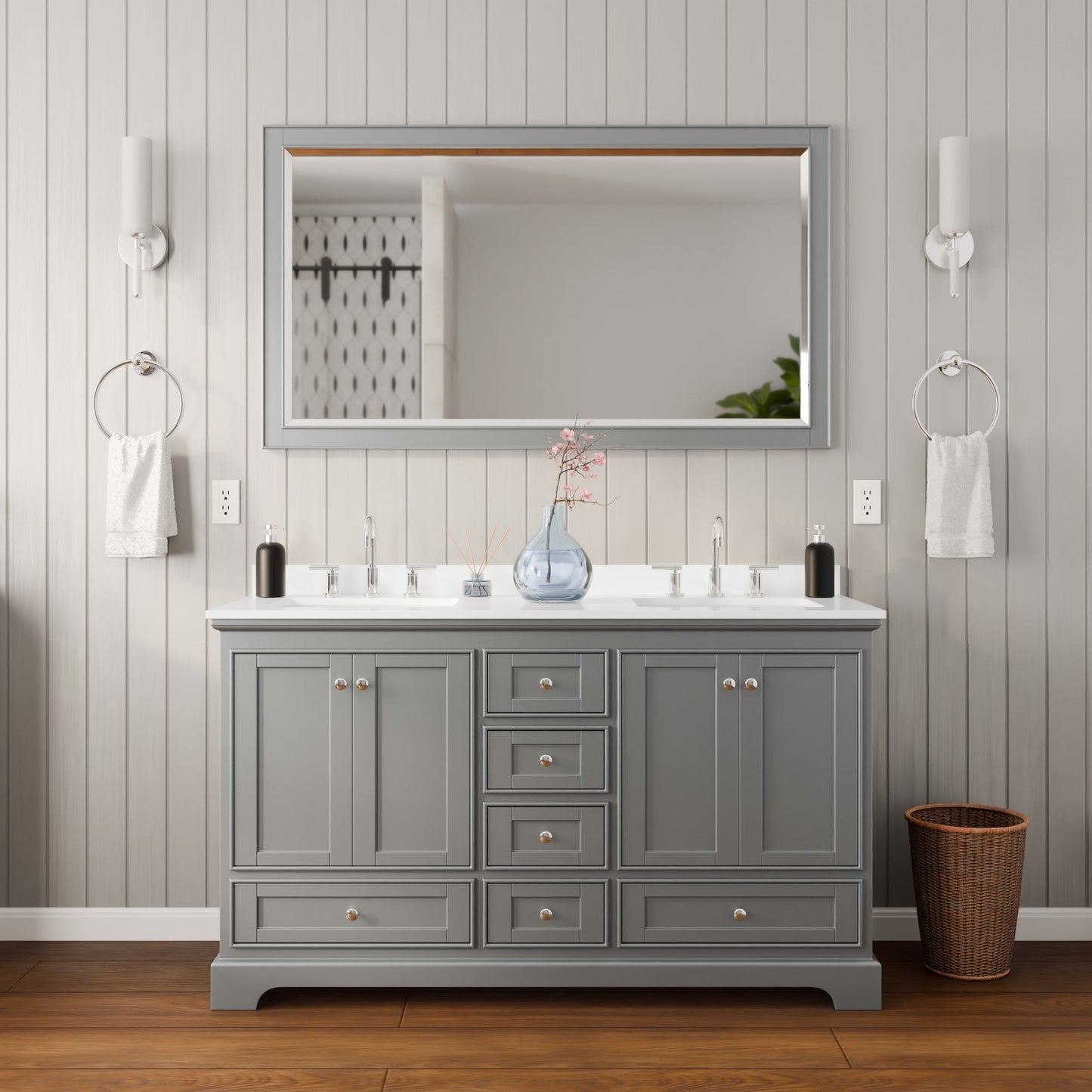 Deborah Bathroom Vanity with Countertop 60 inch Double Sink 3-hole Faucet Setup