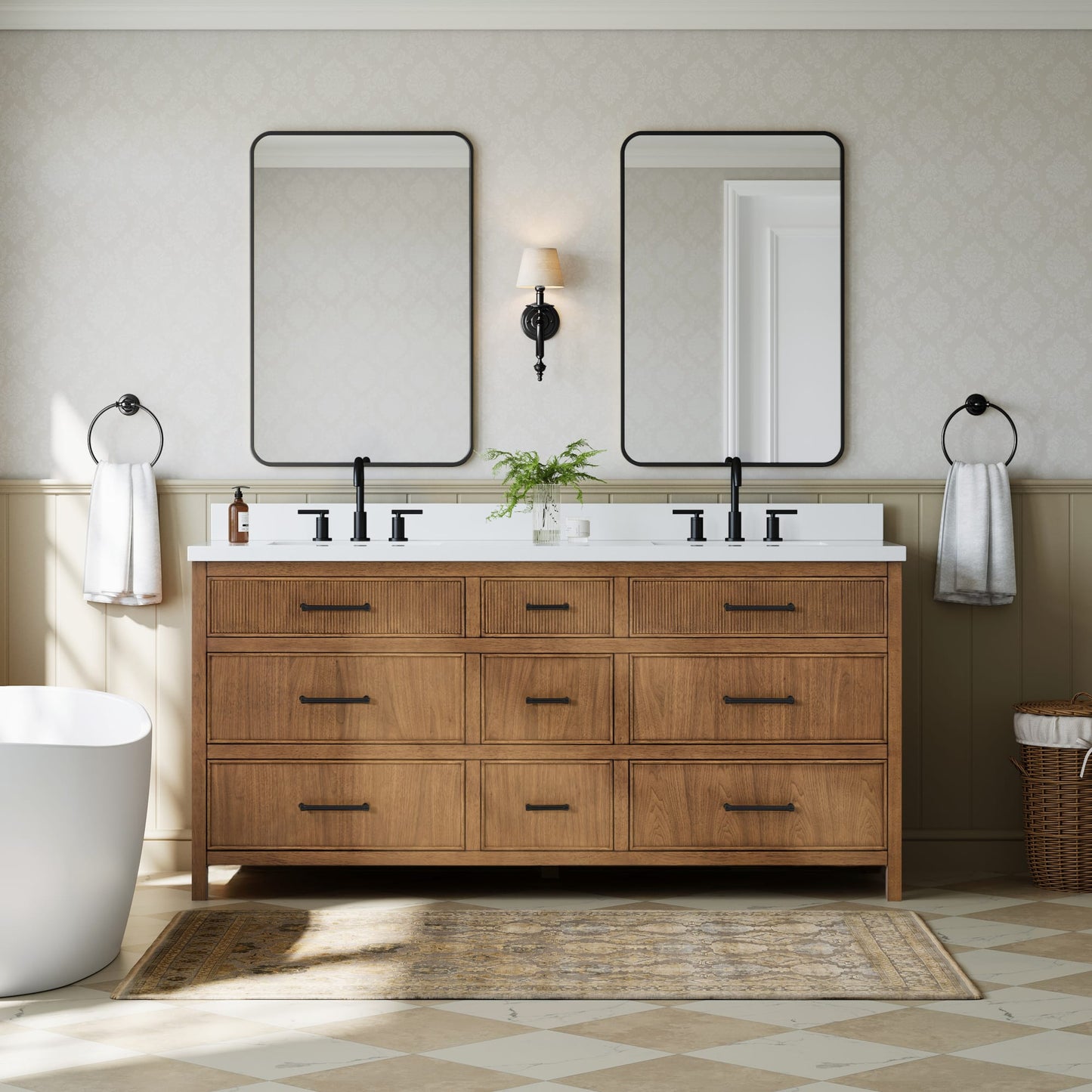 Isola Bathroom Vanity with Countertop 72 inch Double Sink 3-hole Faucet Setup