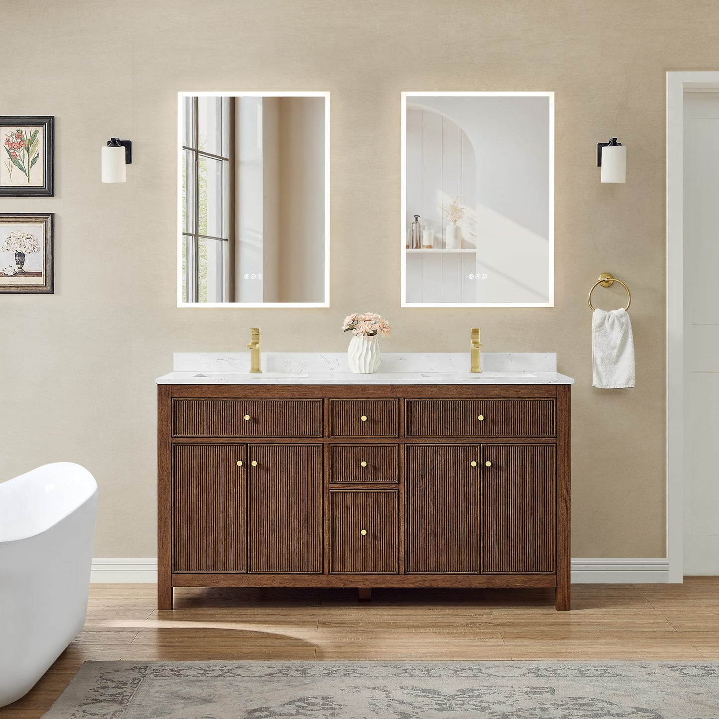 Pendry Bathroom Vanity with Countertop 60 inch Double Sink Single hole Faucet Setup