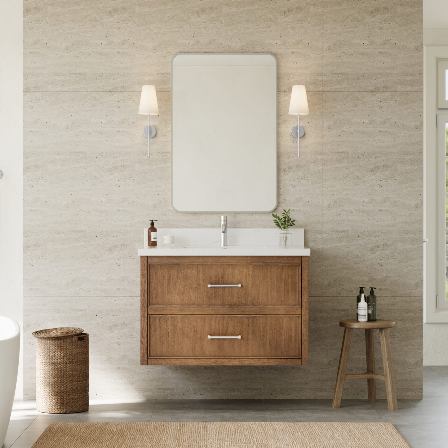 Isola WM Wall Mounted Bathroom Vanity with Countertop 36 inch Single Sink Single hole Faucet Setup