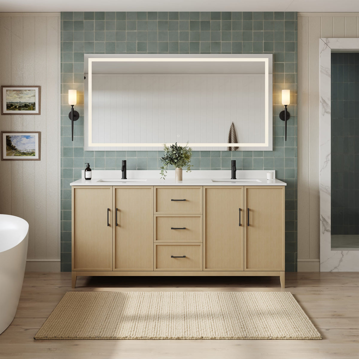 Elan Bathroom Vanity with Countertop 72 inch Double Sink Single hole Faucet Setup