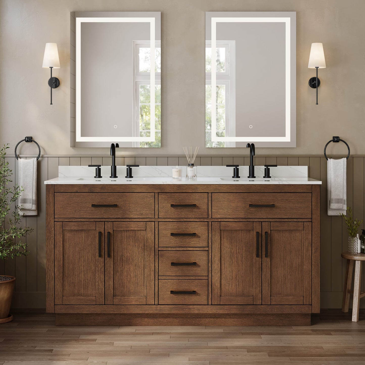 Beckett TK Bathroom Vanity with Countertop 66 inch Double Sink 3-hole Faucet Setup
