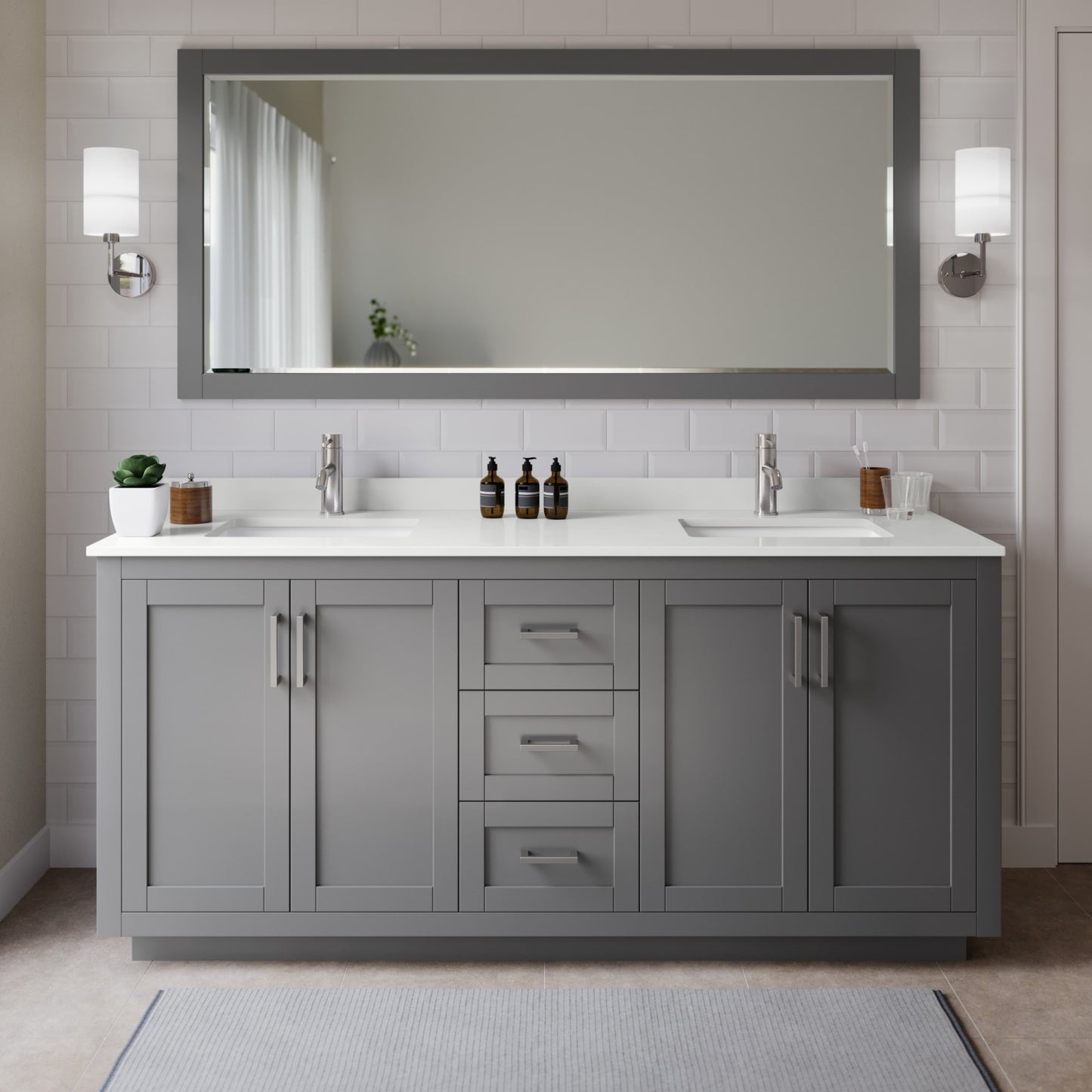 Miranda Bathroom Vanity with Countertop 72 inch Double Sink Single hole Faucet Setup