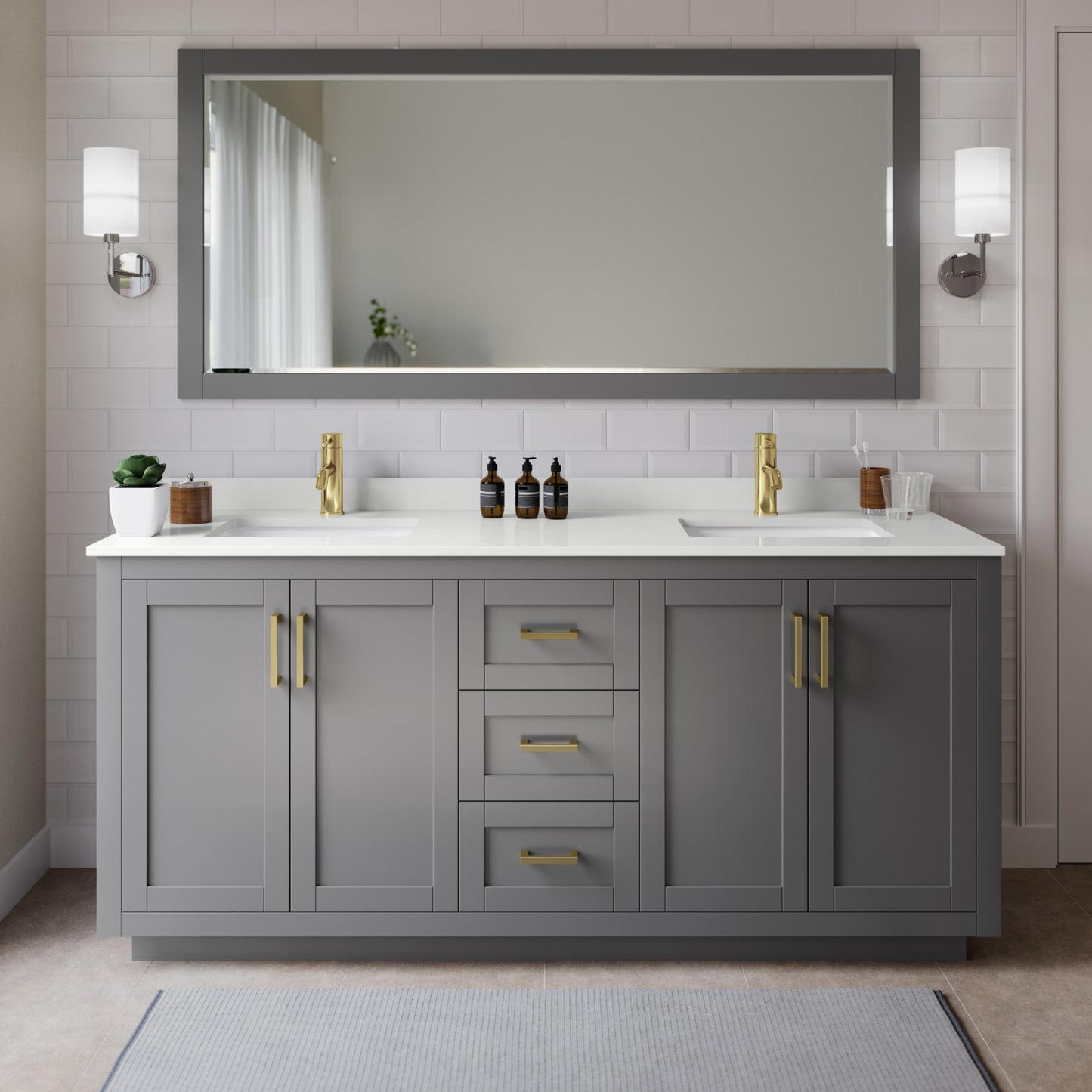 Miranda Bathroom Vanity with Countertop 72 inch Double Sink Single hole Faucet Setup