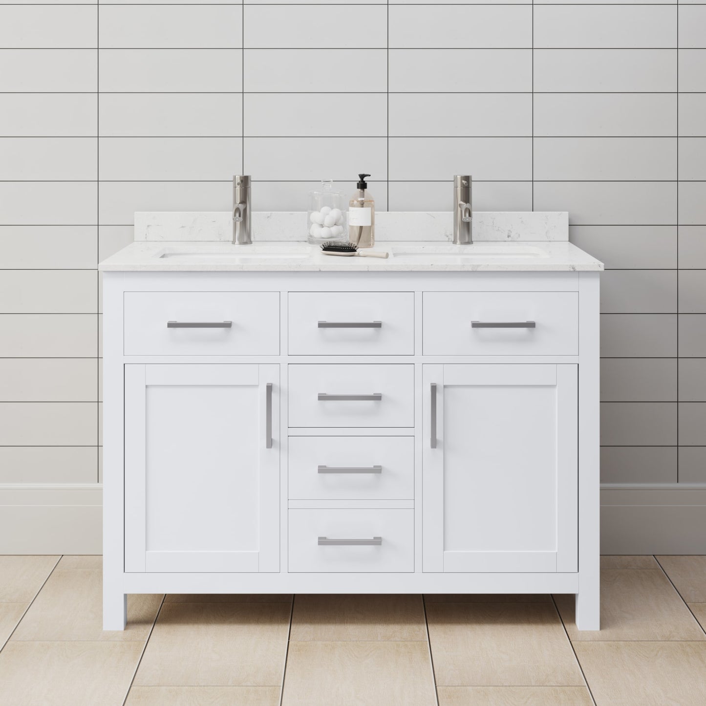 Beckett Bathroom Vanity with Countertop 48 inch Double Sink Single hole Faucet Setup