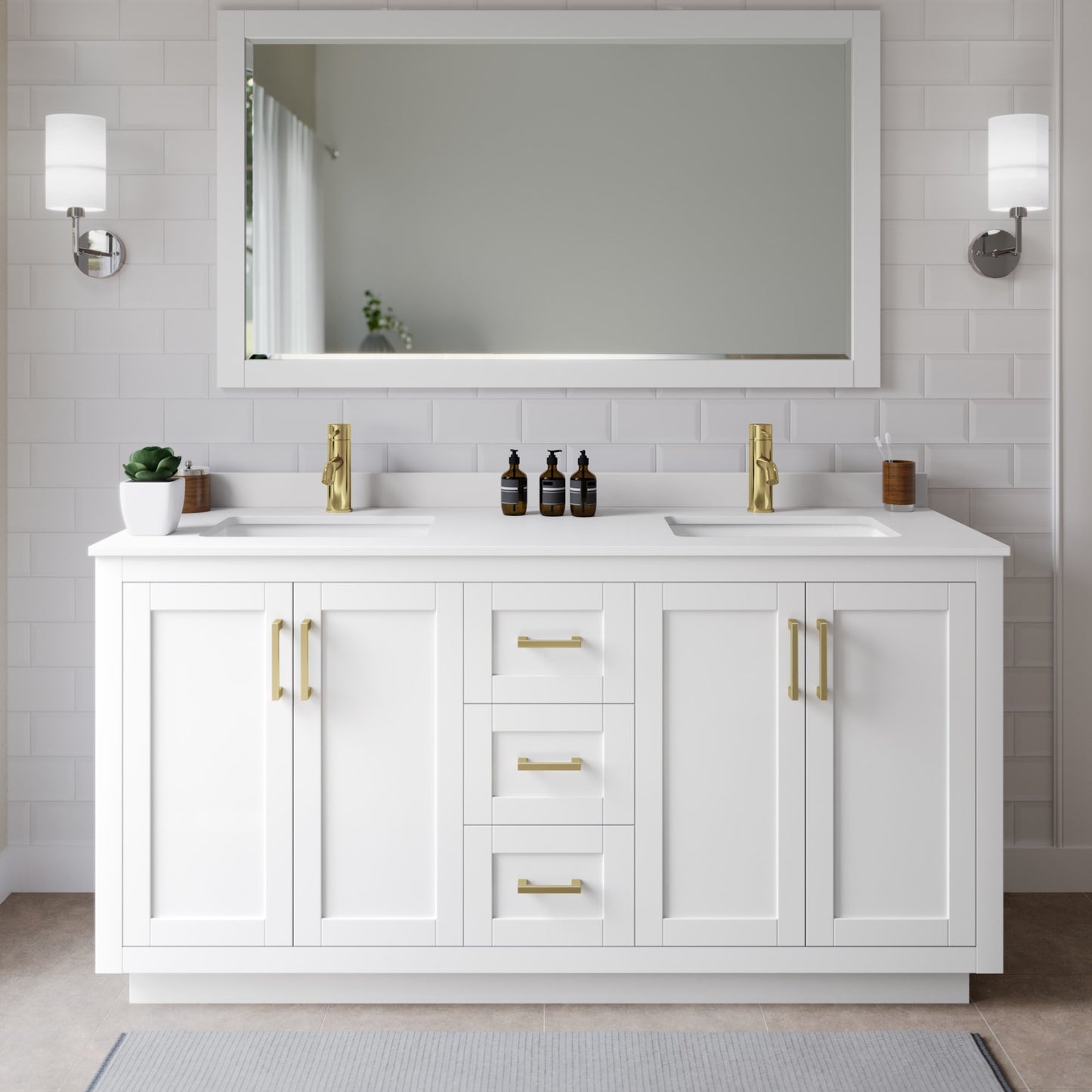 Miranda Bathroom Vanity with Countertop 66 inch Double Sink Single hole Faucet Setup