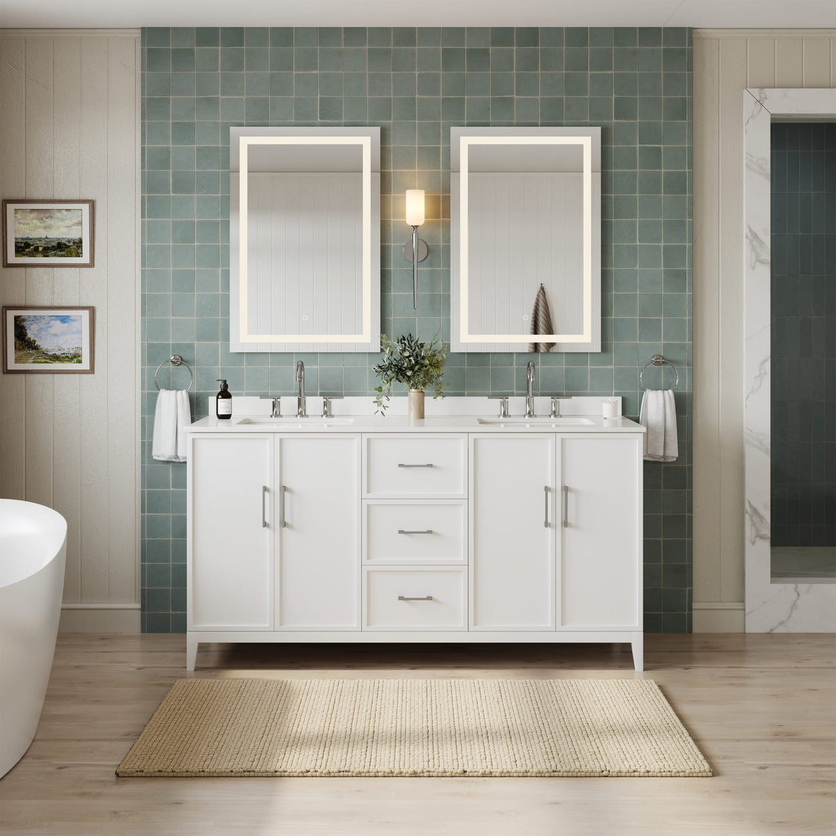 Elan Bathroom Vanity with Countertop 66 inch Double Sink 3-hole Faucet Setup