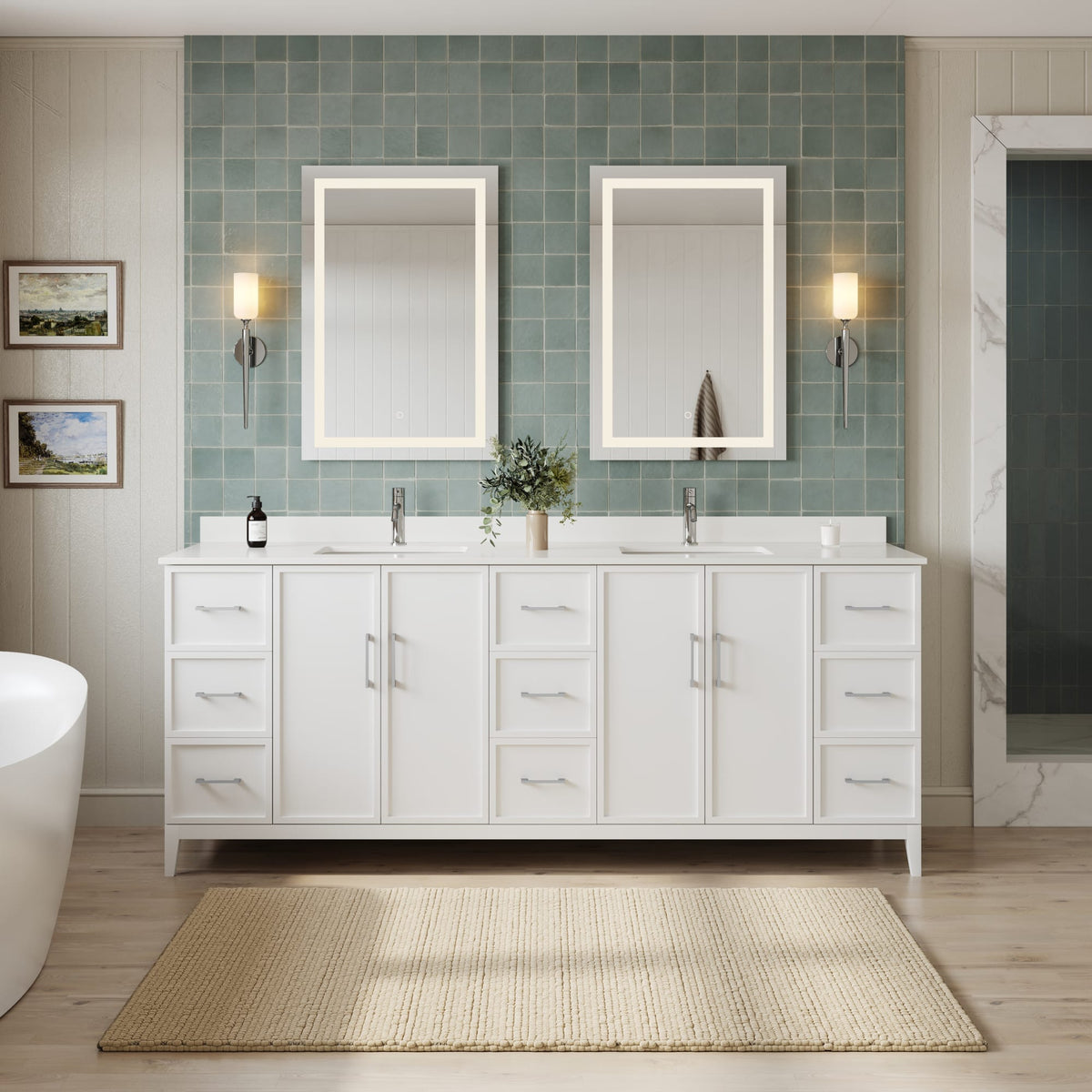 Elan Bathroom Vanity with Countertop 84 inch Double Sink Single hole Faucet Setup