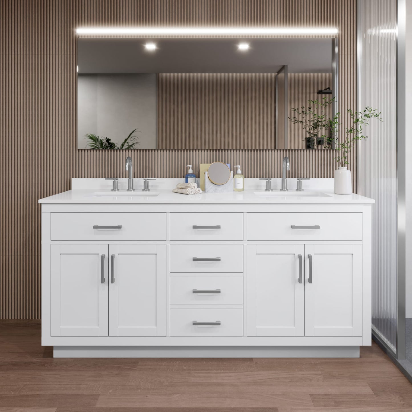 Beckett TK Bathroom Vanity with Countertop 72 inch Double Sink 3-hole Faucet Setup