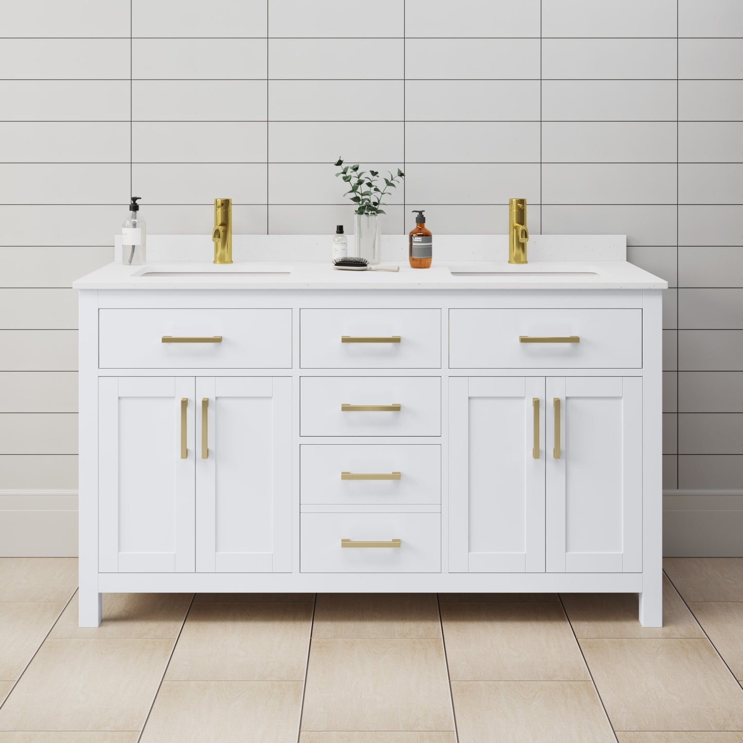 Beckett Bathroom Vanity with Countertop 60 inch Double Sink Single hole Faucet Setup