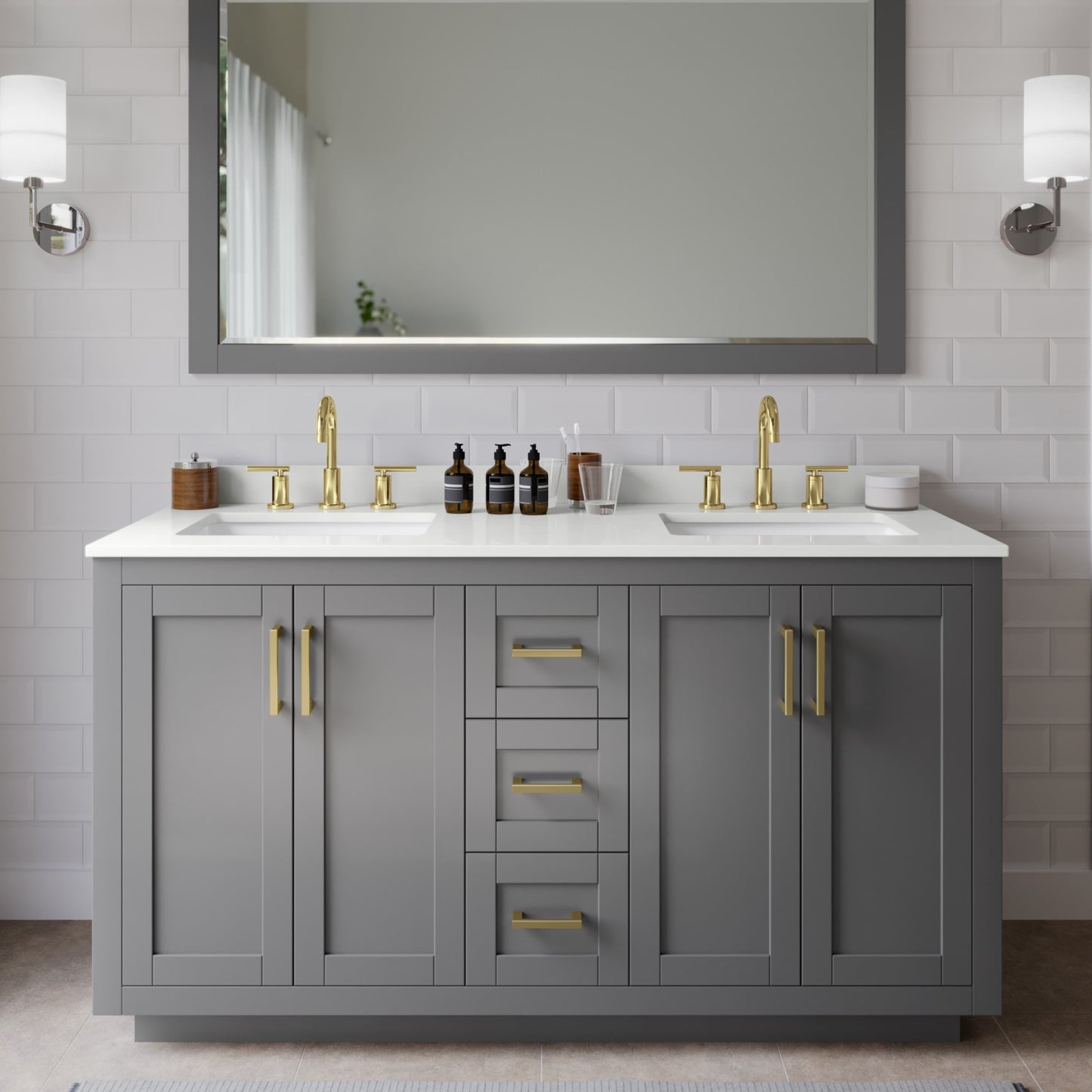 Miranda Bathroom Vanity with Countertop 60 inch Double Sink 3-hole Faucet Setup