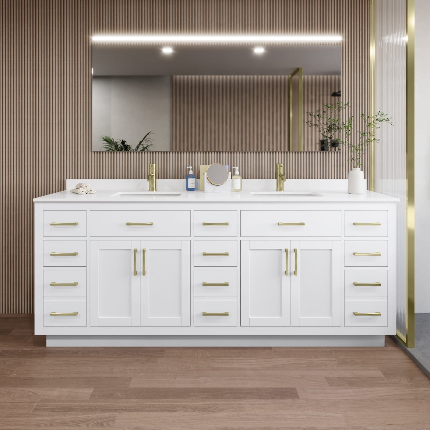 Beckett TK Bathroom Vanity with Countertop 84 inch Double Sink Single hole Faucet Setup