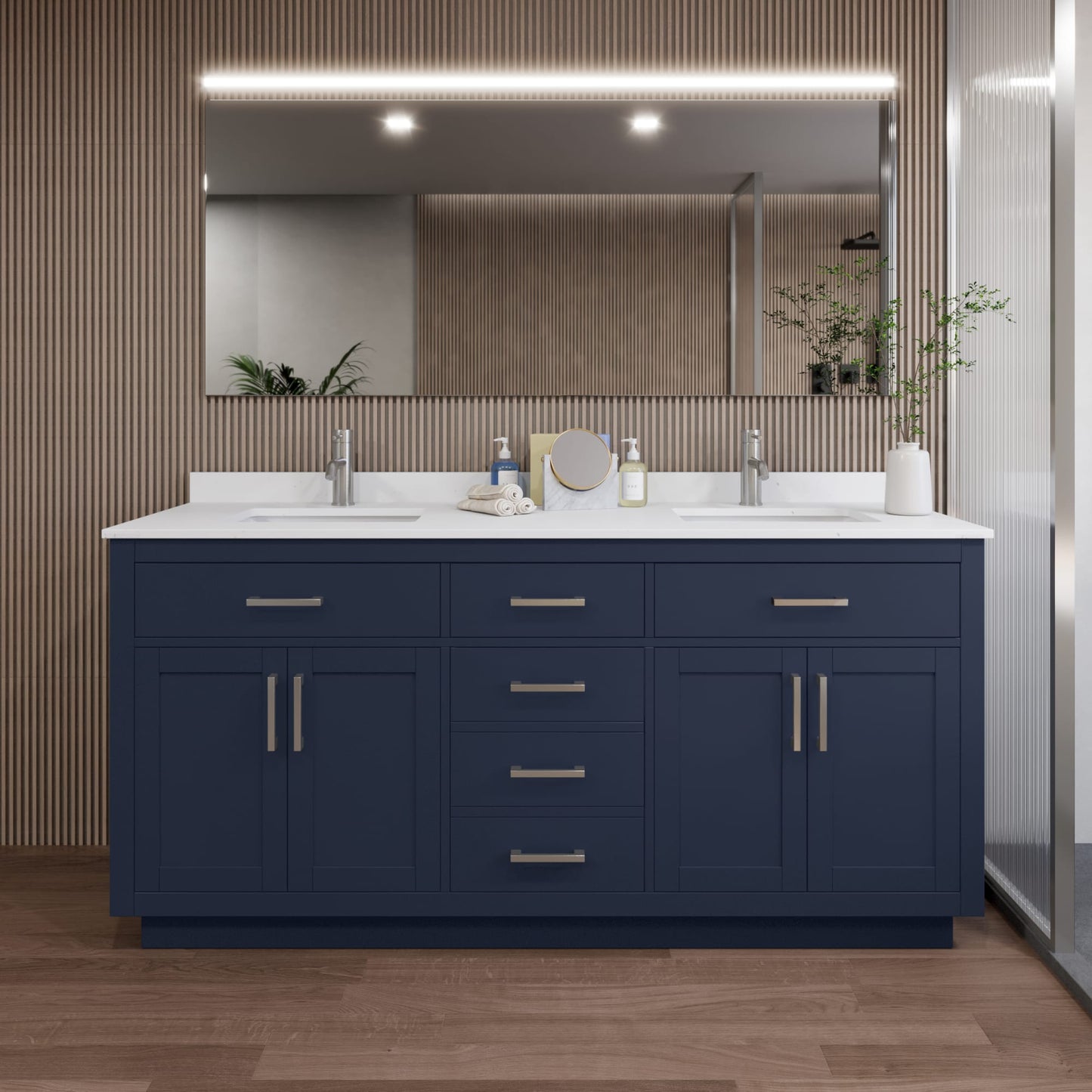 Beckett TK Bathroom Vanity with Countertop 72 inch Double Sink Single hole Faucet Setup