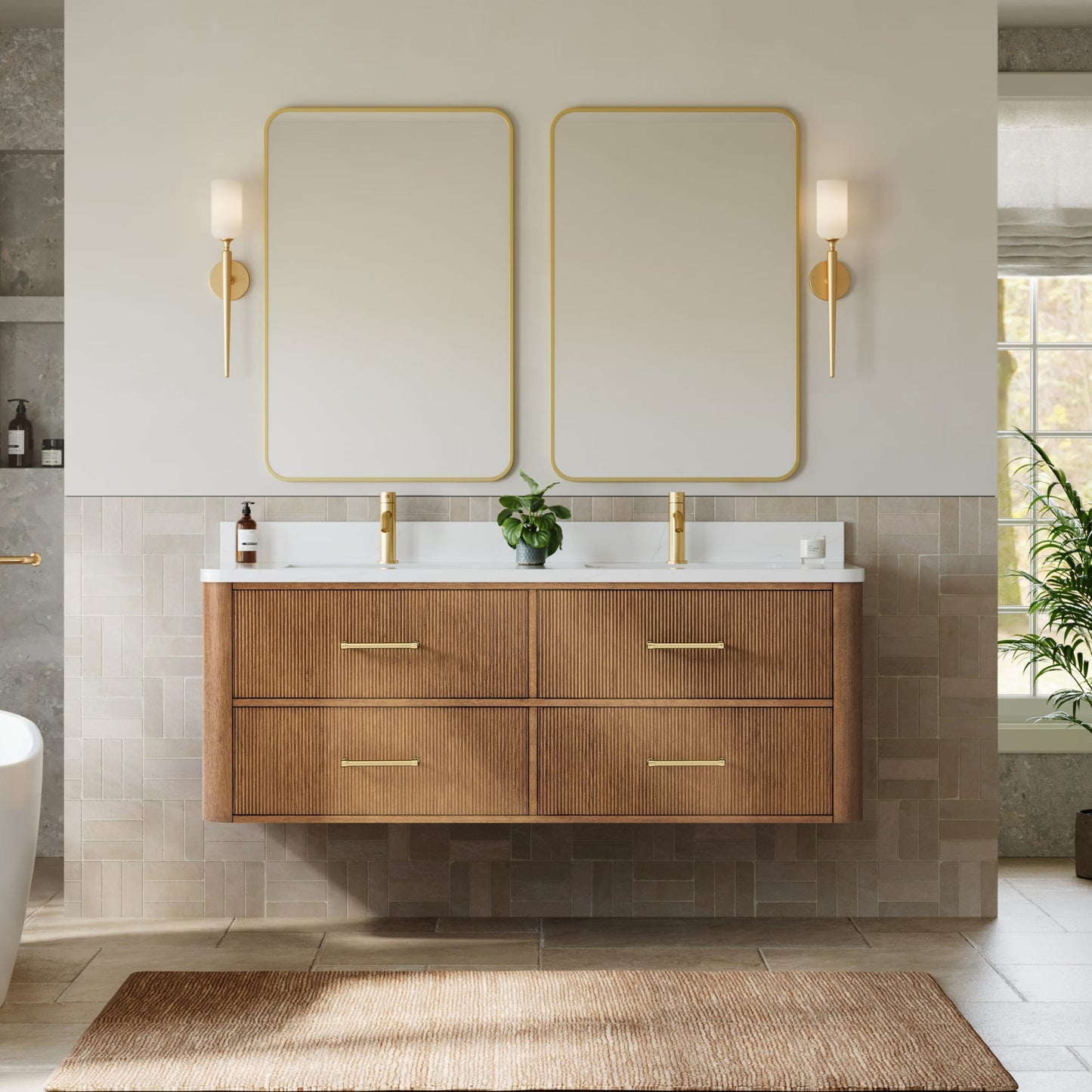 Francesca WM Wall Mounted Bathroom Vanity with Countertop 60 inch Double Sink Single hole Faucet Setup
