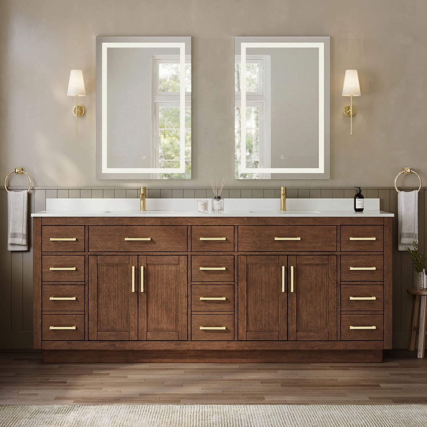 Beckett TK Bathroom Vanity with Countertop 84 inch Double Sink Single hole Faucet Setup