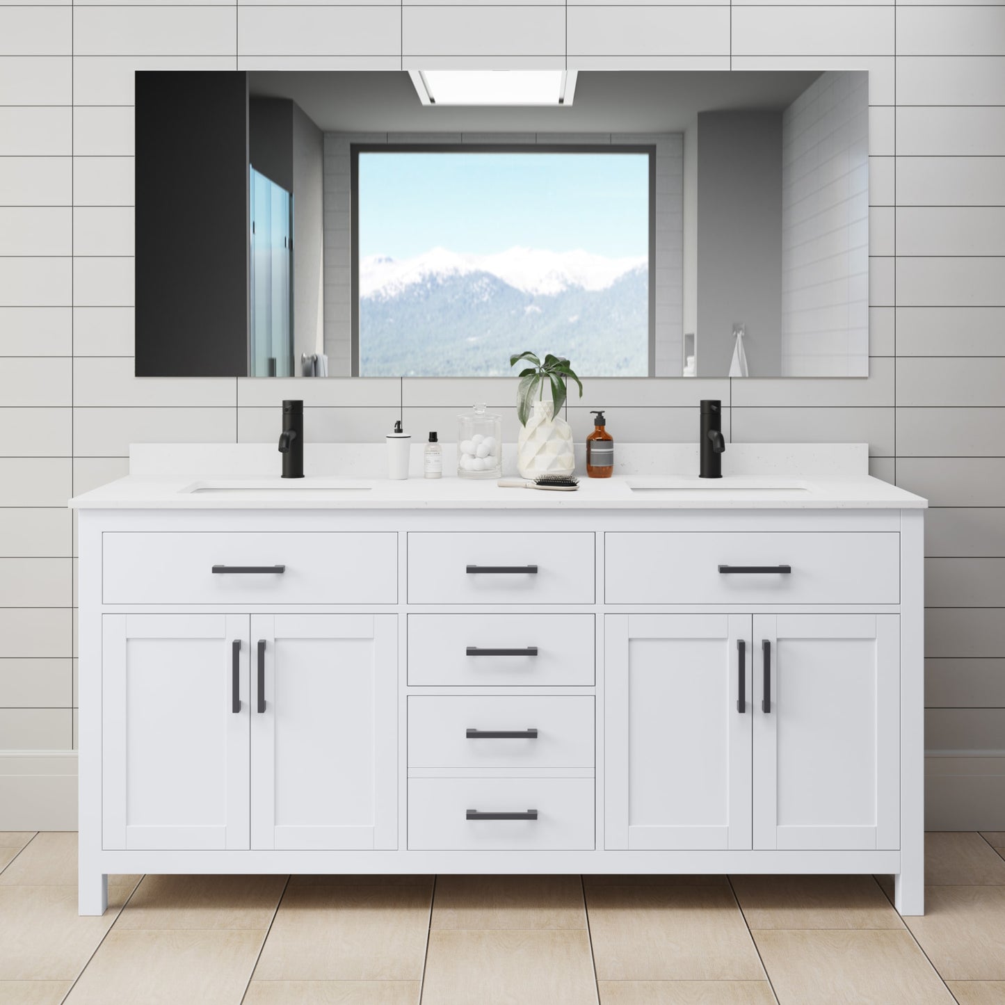 Beckett Bathroom Vanity with Countertop 72 inch Double Sink Single hole Faucet Setup