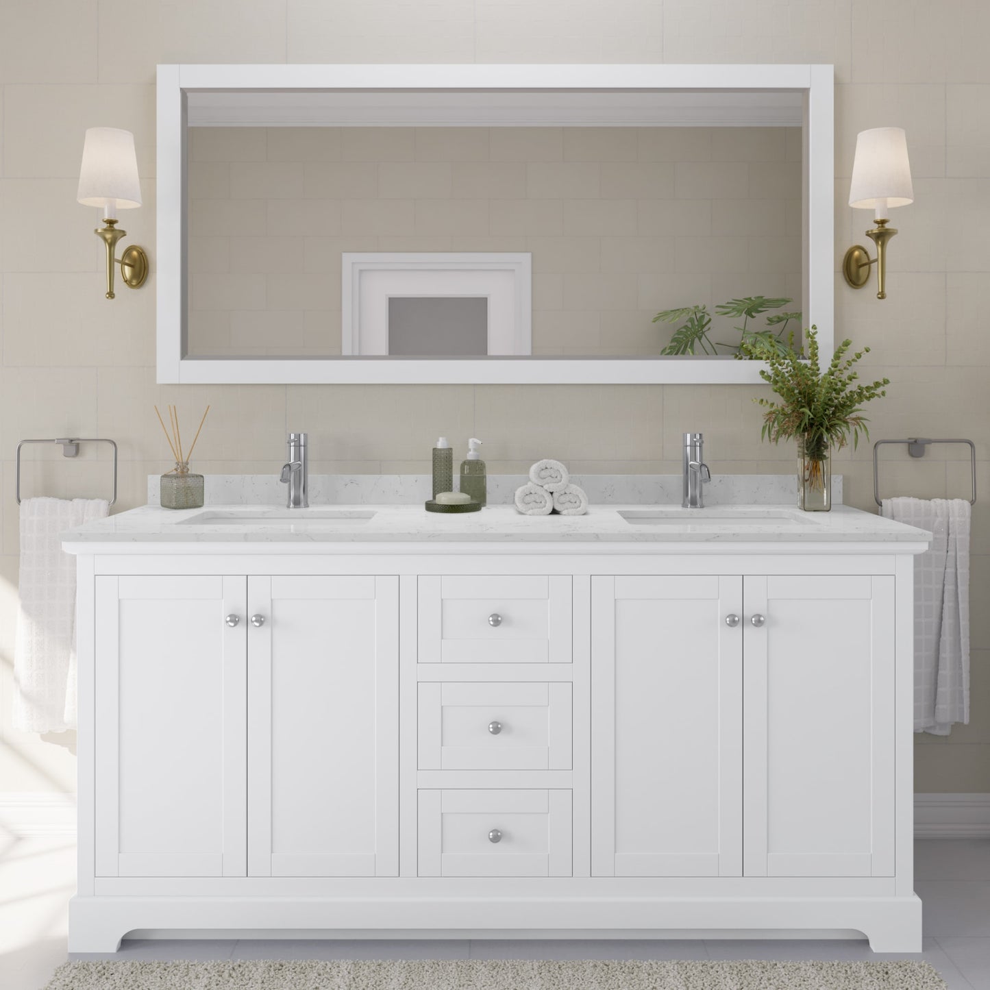 Avery Bathroom Vanity with Countertop 72 inch Double Sink Single hole Faucet Setup