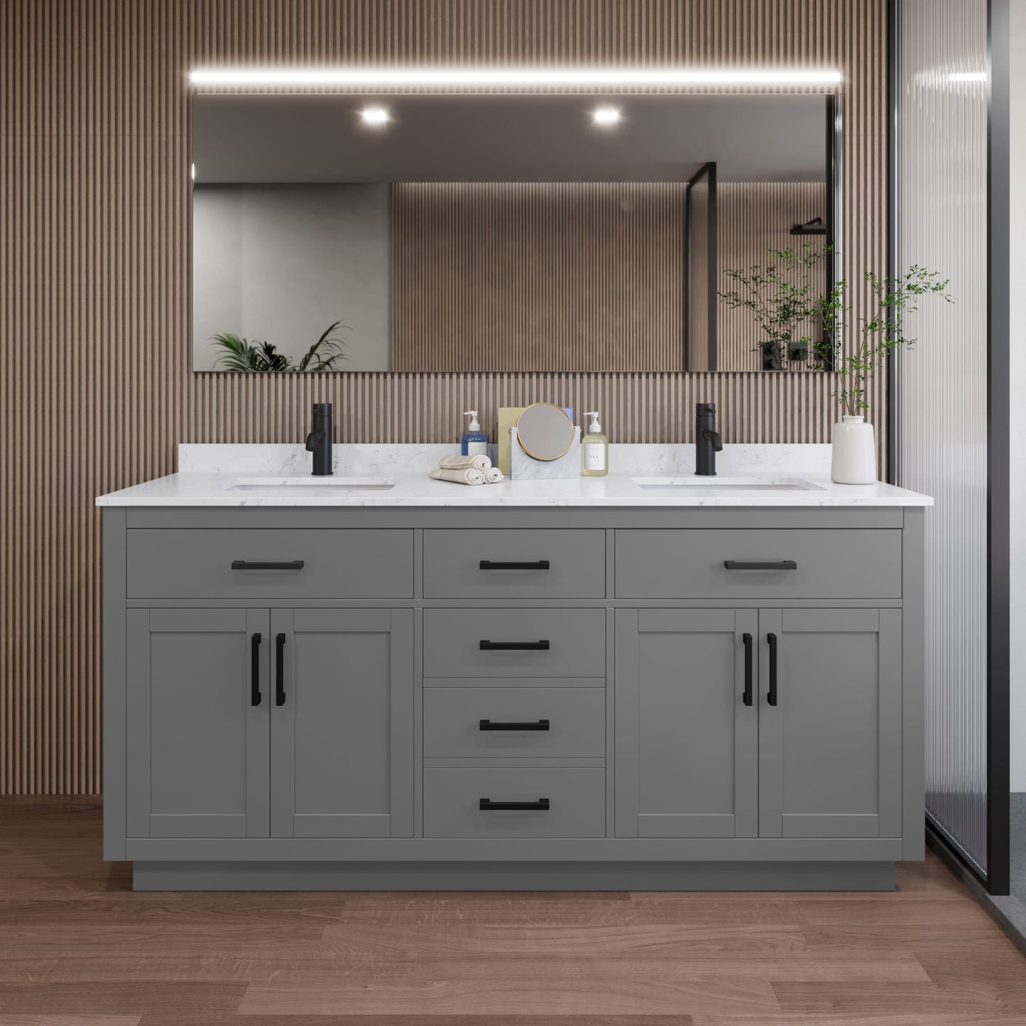 Beckett TK Bathroom Vanity with Countertop 72 inch Double Sink Single hole Faucet Setup