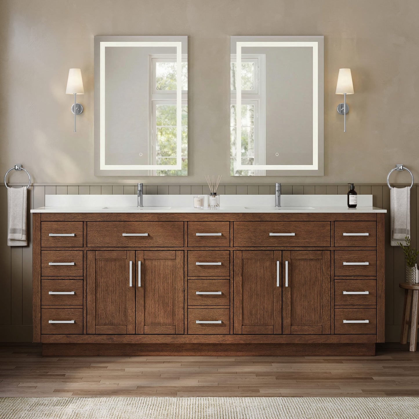 Beckett TK Bathroom Vanity with Countertop 84 inch Double Sink Single hole Faucet Setup