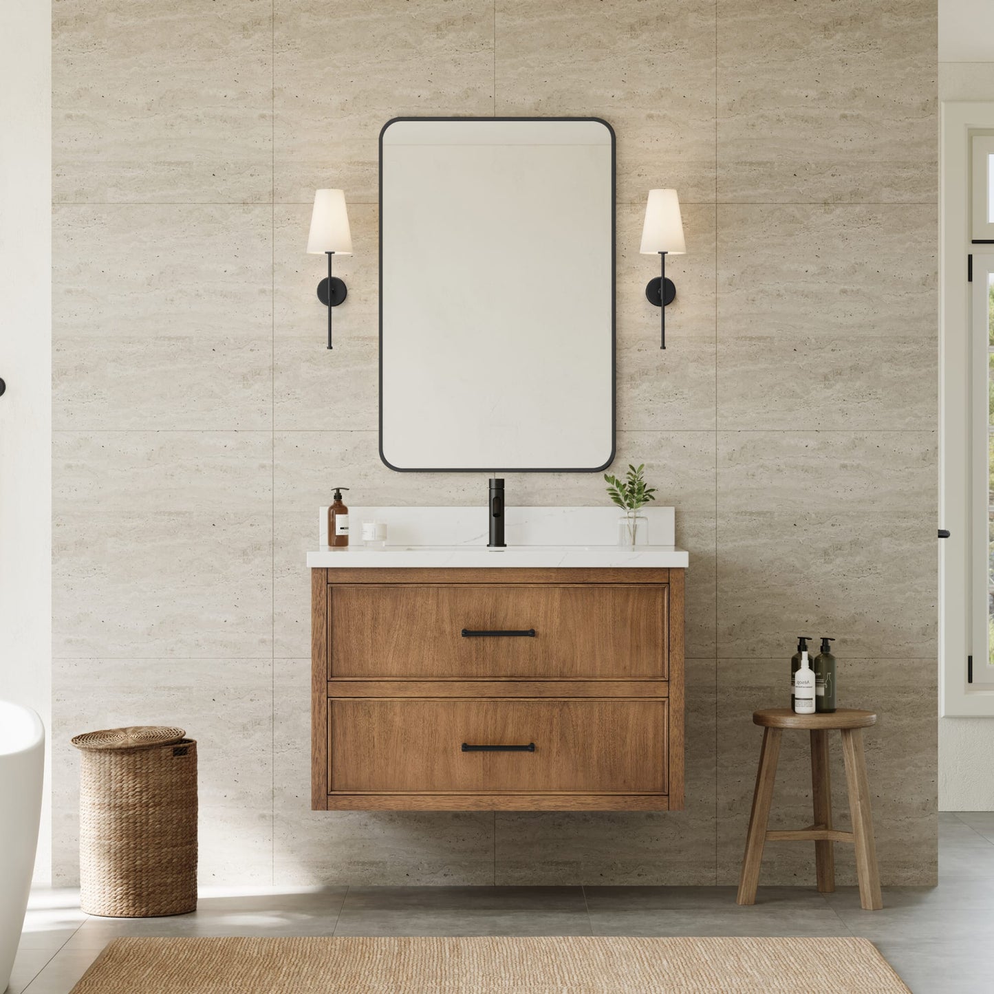 Isola WM Wall Mounted Bathroom Vanity with Countertop 36 inch Single Sink Single hole Faucet Setup