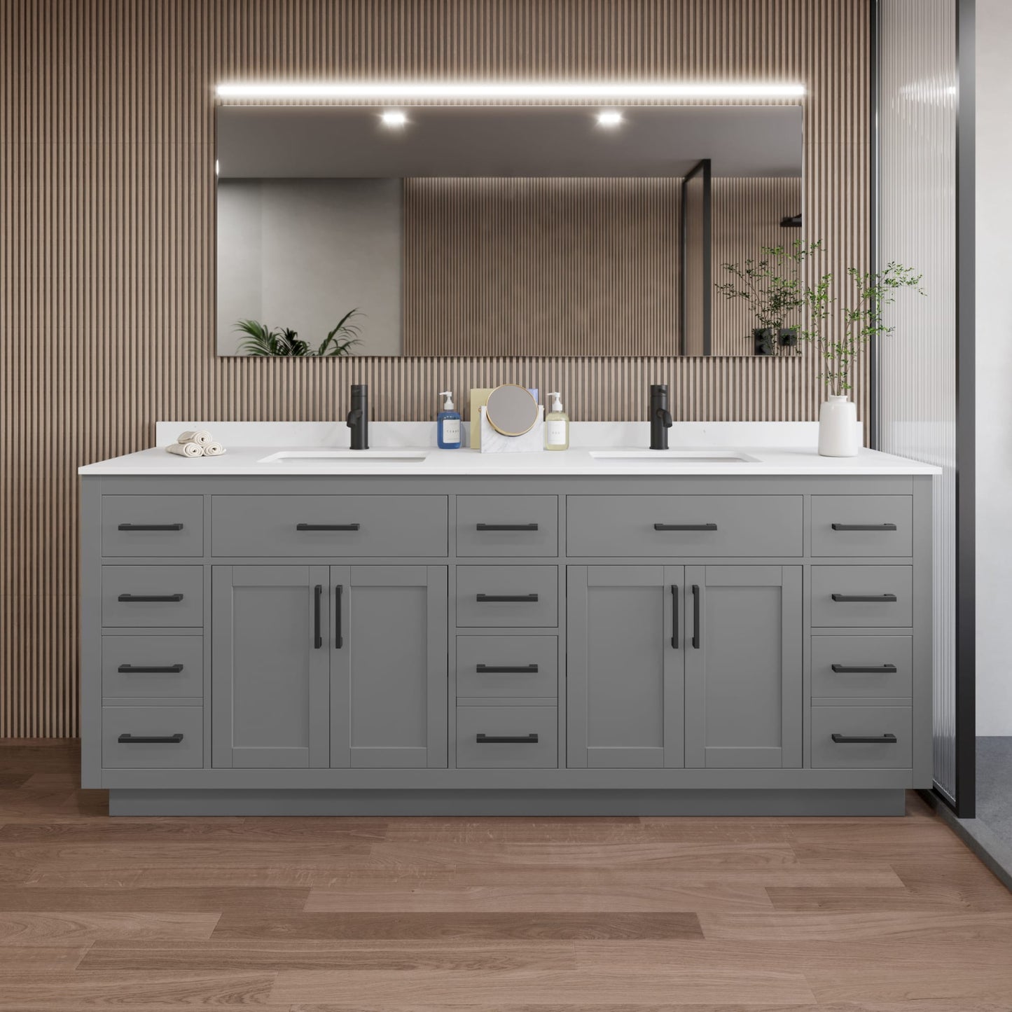 Beckett TK Bathroom Vanity with Countertop 84 inch Double Sink Single hole Faucet Setup
