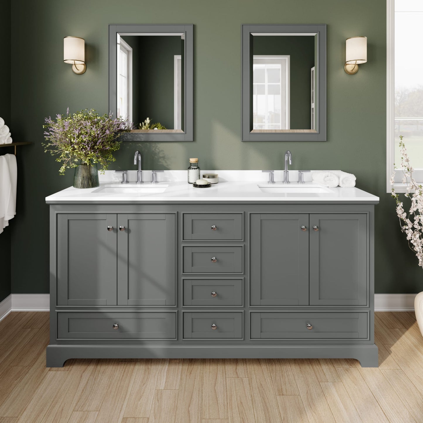 Deborah Bathroom Vanity with Countertop 72 inch Double Sink 3-hole Faucet Setup