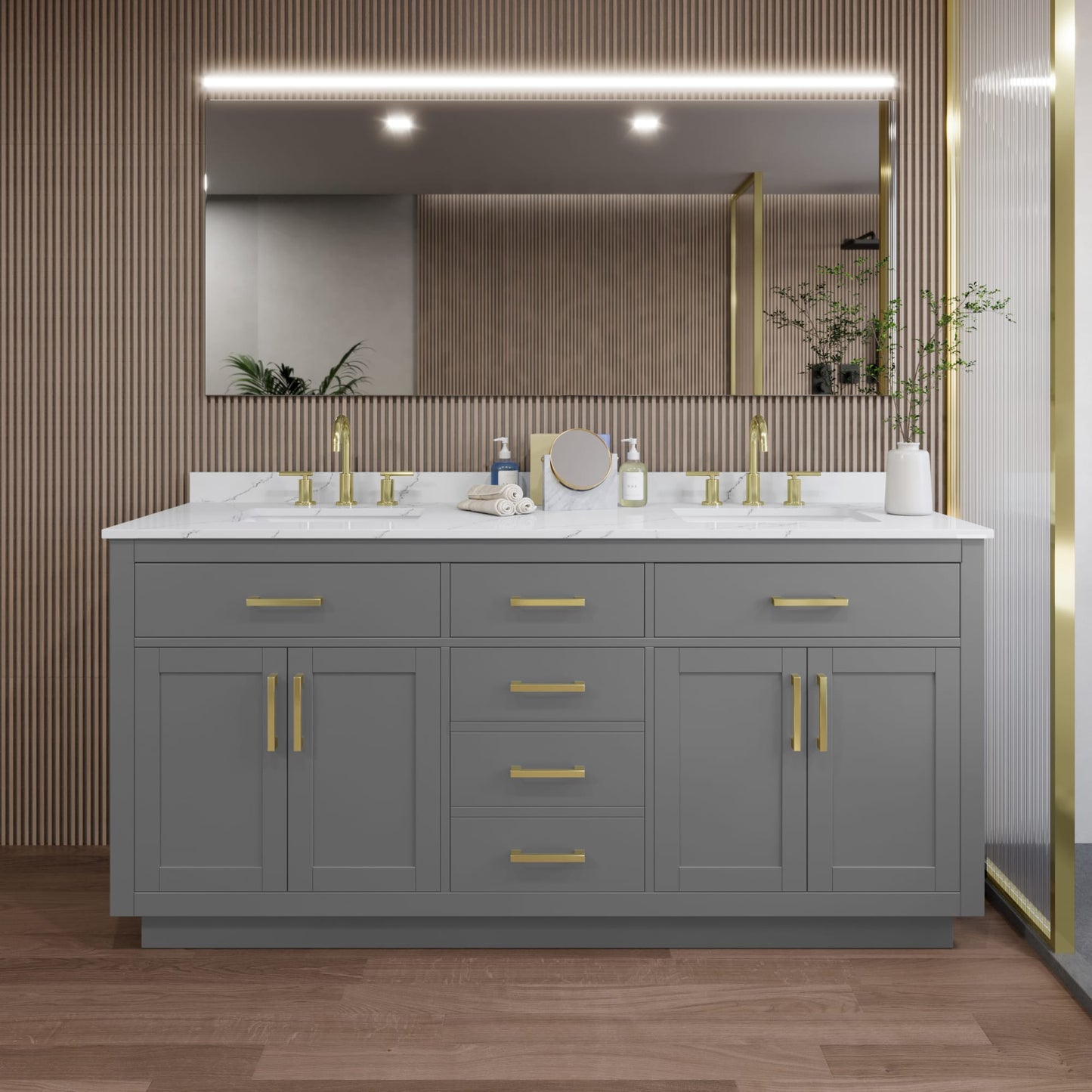 Beckett TK Bathroom Vanity with Countertop 72 inch Double Sink 3-hole Faucet Setup