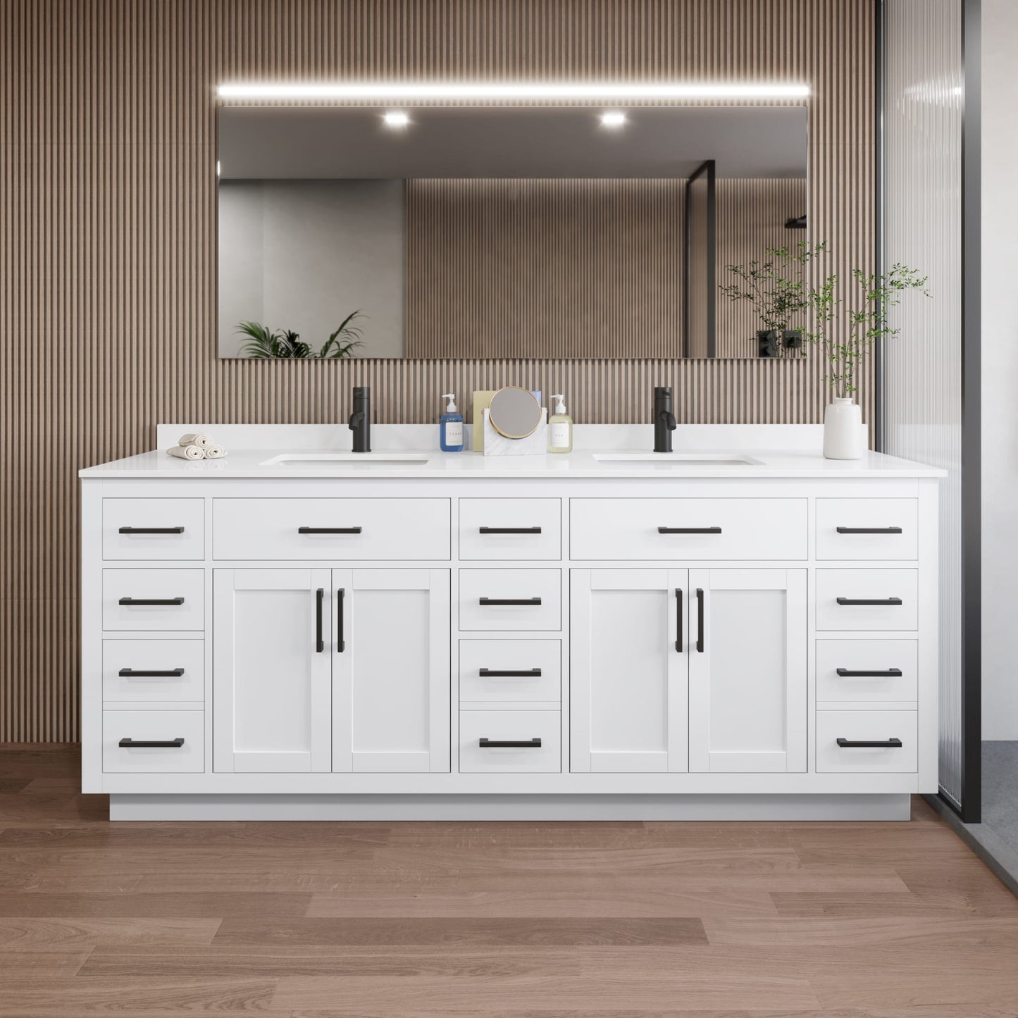 Beckett TK Bathroom Vanity with Countertop 84 inch Double Sink Single hole Faucet Setup