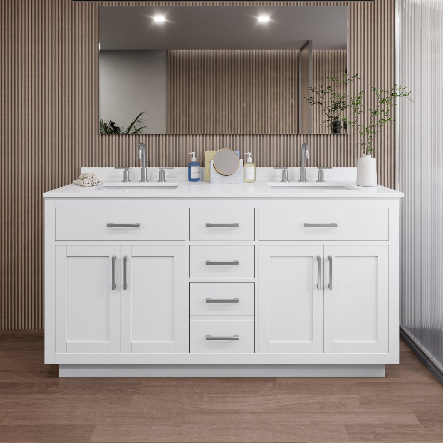 Beckett TK Bathroom Vanity with Countertop 66 inch Double Sink 3-hole Faucet Setup
