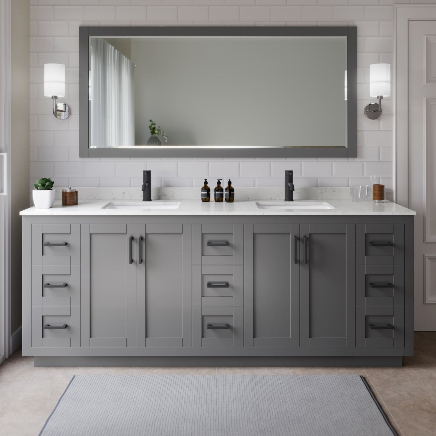 Miranda Bathroom Vanity with Countertop 84 inch Double Sink Single hole Faucet Setup