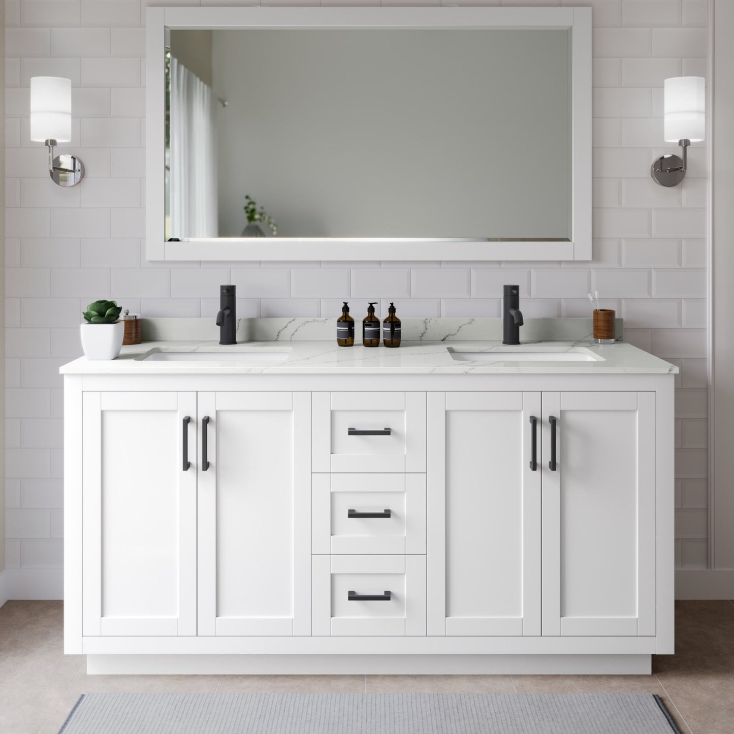 Miranda Bathroom Vanity with Countertop 66 inch Double Sink Single hole Faucet Setup